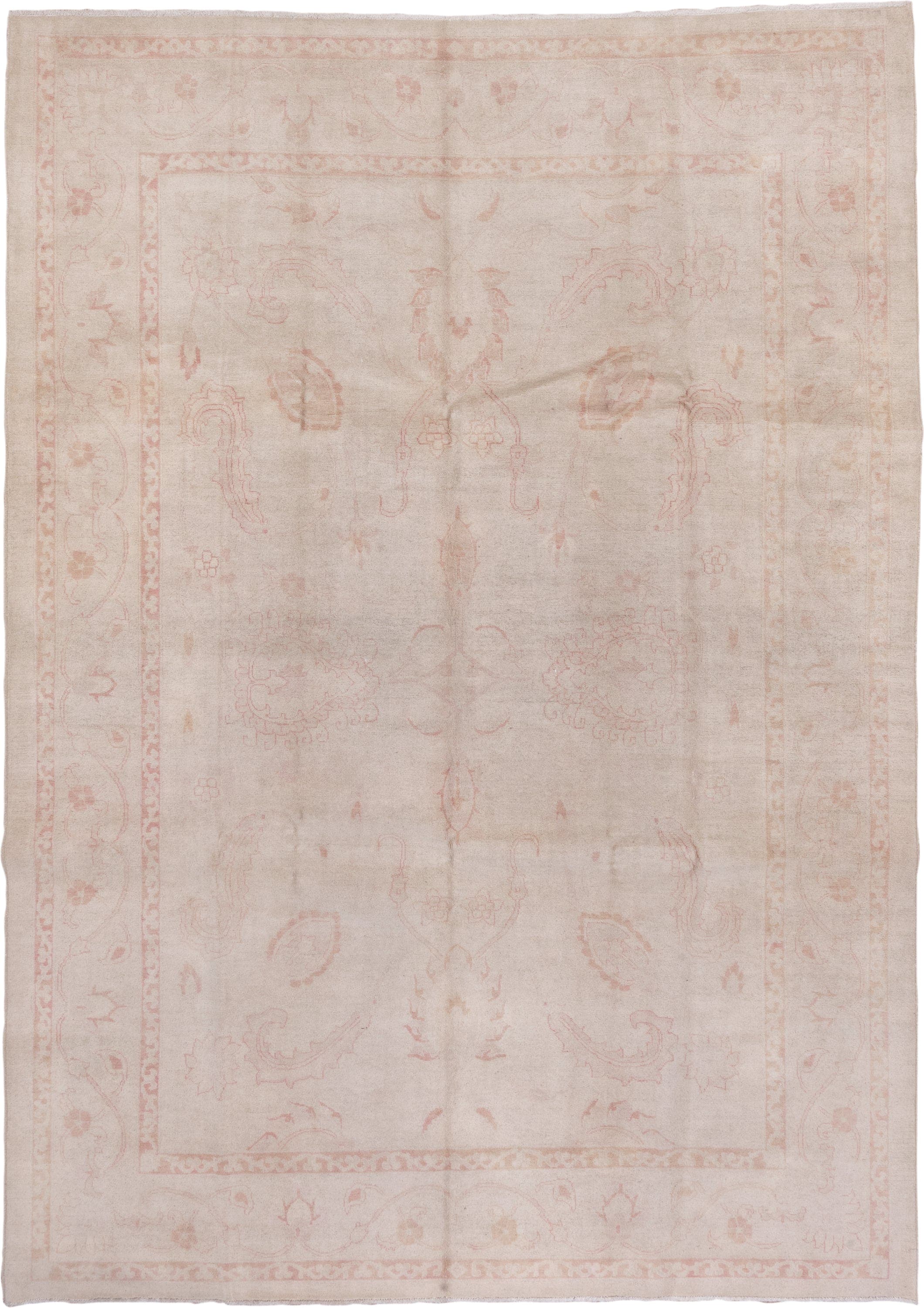8' x 11' one-of-a-kind handmade vintage Afghan large size rug. Color palette: ivory, blush, cream, taupe, pale rose, pink