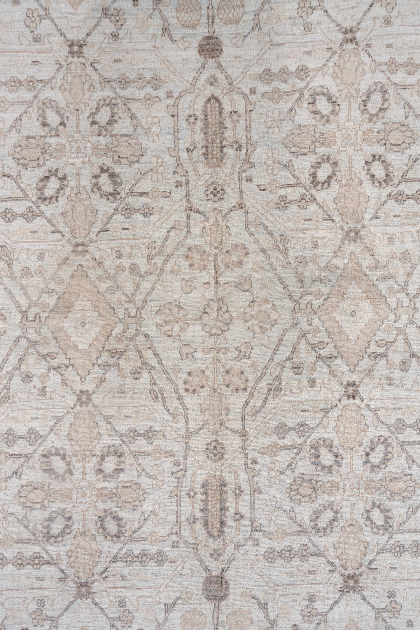 5' x 9' one-of-a-kind handmade vintage Afghan medium size rug. Color palette: ivory, taupe, beige, sand, camel, light brown