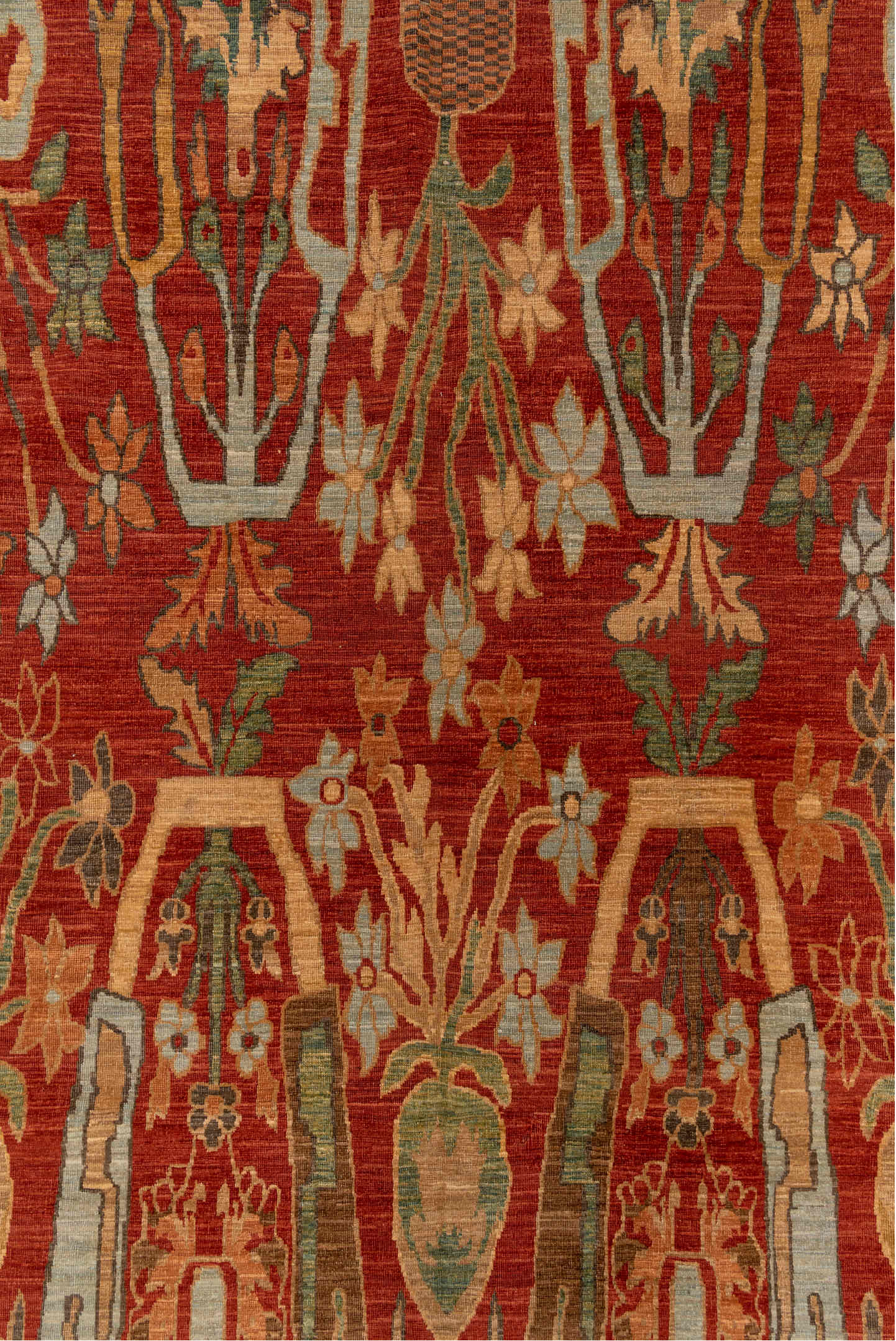 9' x 13' one-of-a-kind handmade vintage Afghan large size rug. Color palette: rust, camel, ivory, sage, terra cotta, taupe