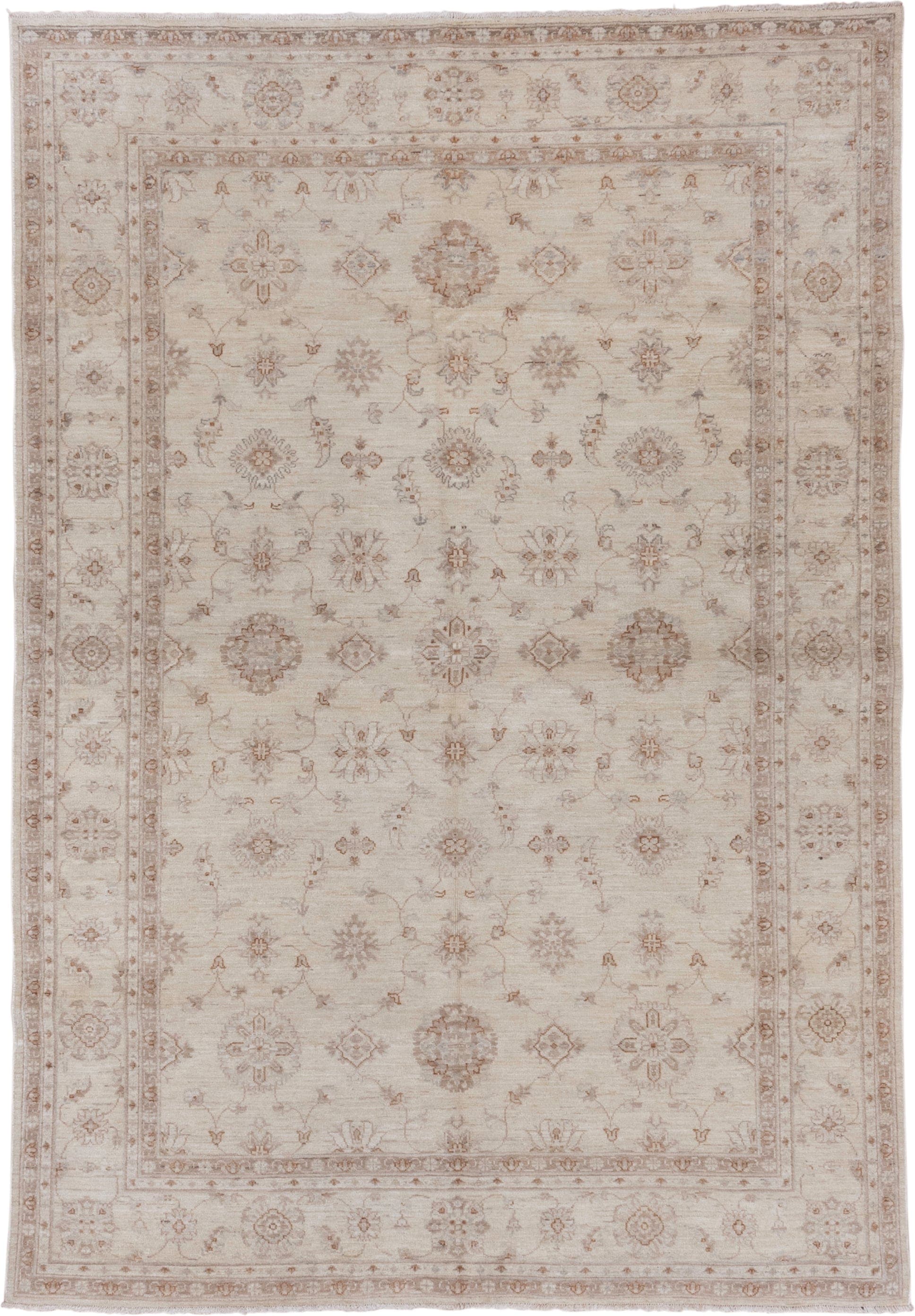 6' x 9' one-of-a-kind handmade vintage Afghan medium size rug. Color palette: ivory, beige, taupe, camel, sand, light brown