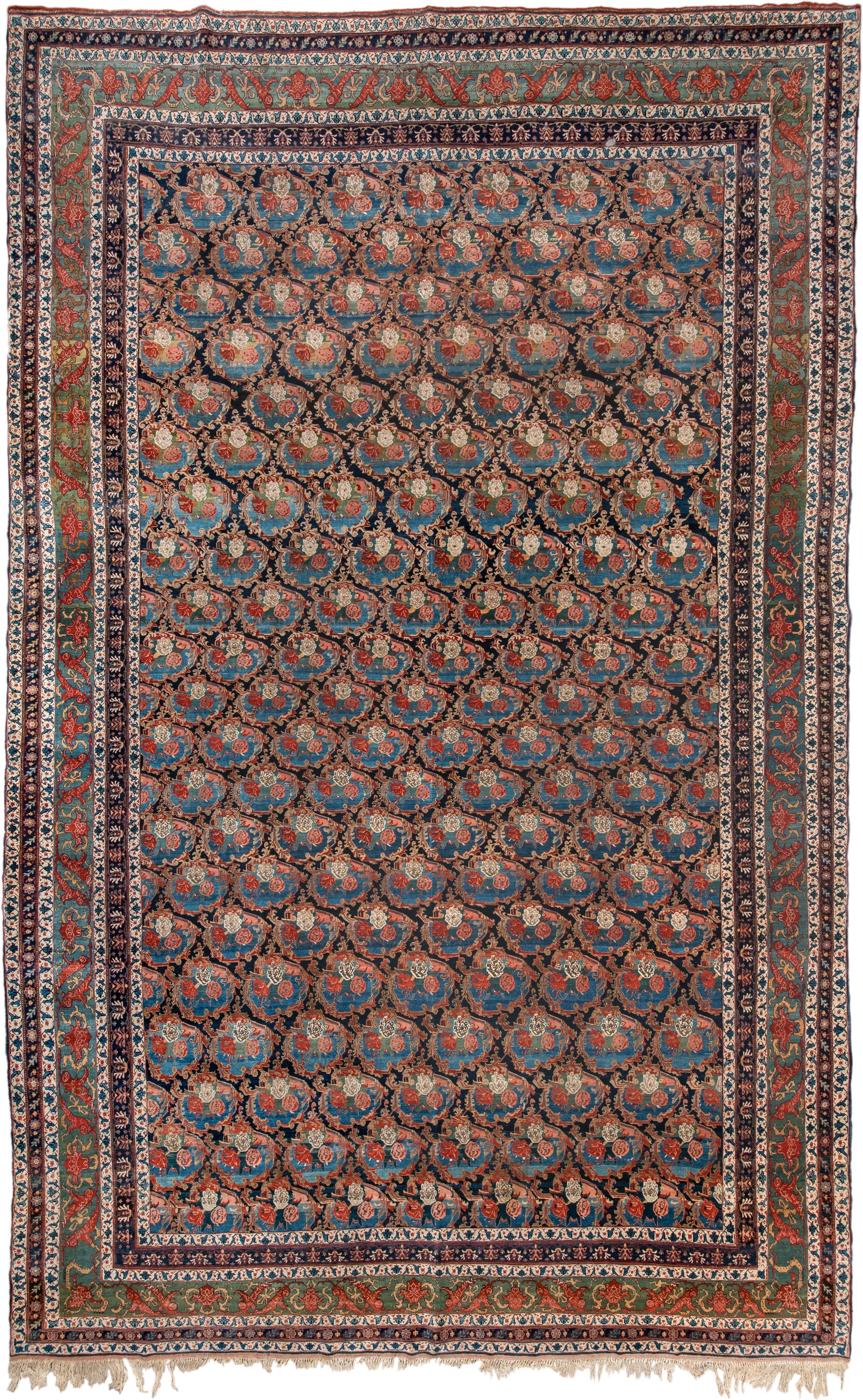 13' x 21' one-of-a-kind handmade vintage Bidjar oversize rug. Color palette: navy, sky blue, rust, ivory, sage, camel, blue
