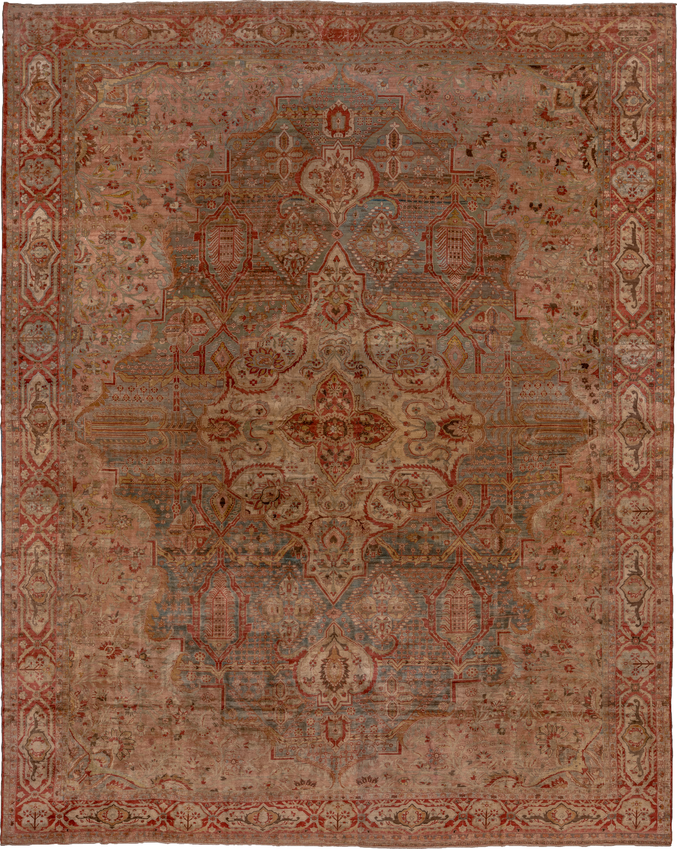 16' x 21' one-of-a-kind handmade vintage Baktiary oversize rug. Color palette: rose, rust, ivory, blue, terra cotta, taupe