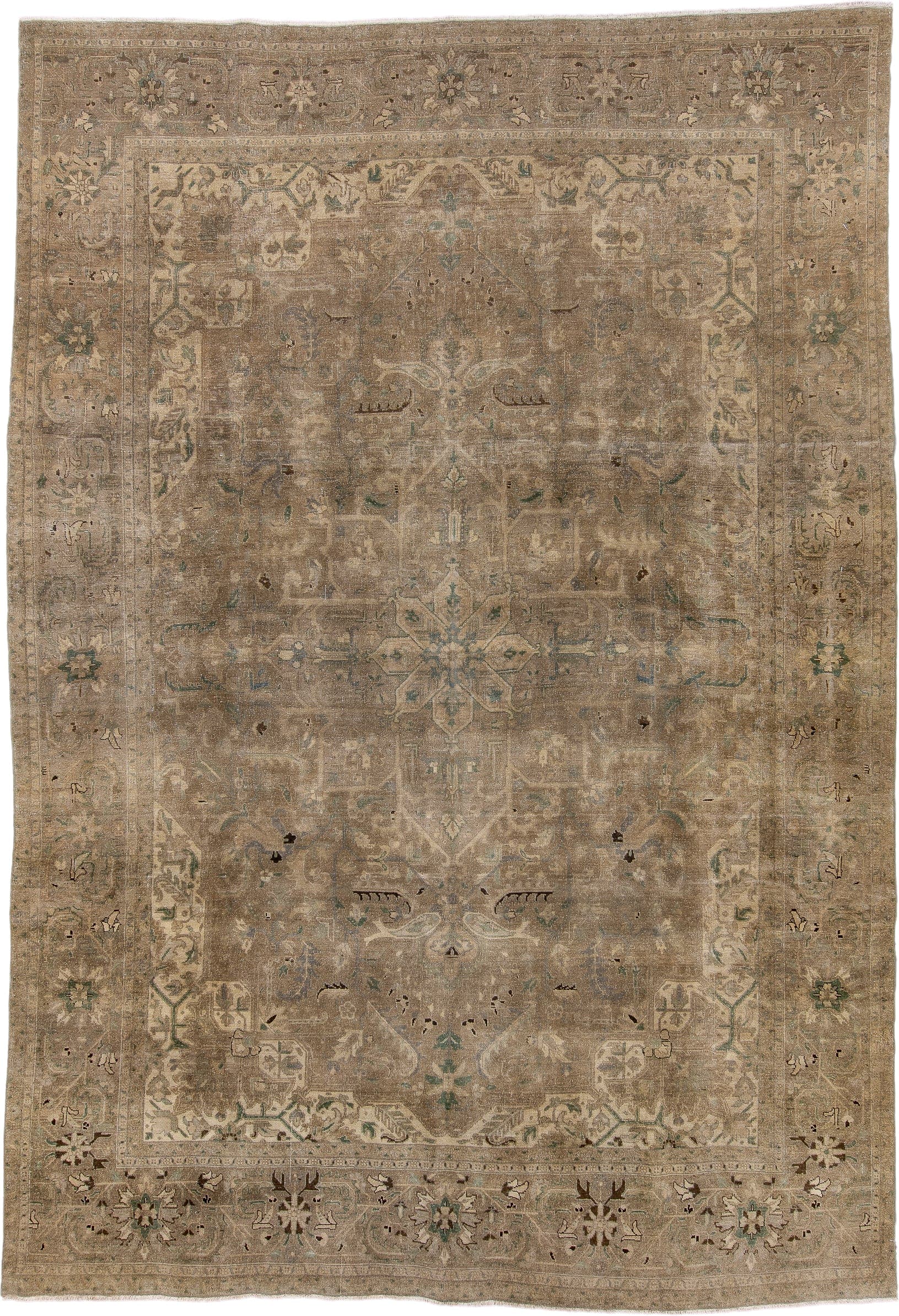 9' x 13' one-of-a-kind handmade vintage Heriz large size rug. Color palette: taupe, beige, ivory, sage, brown, camel, slate