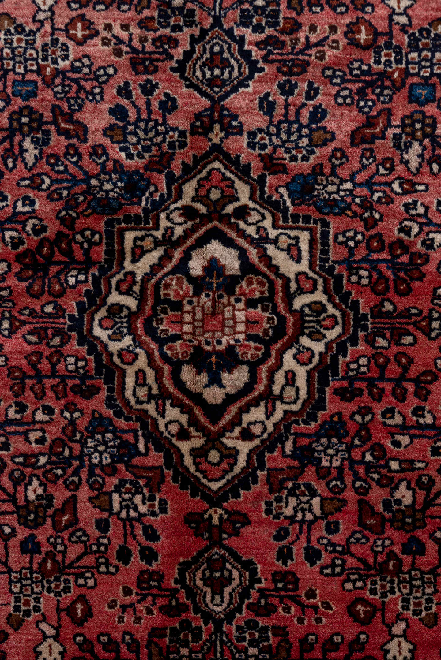 4' x 6' one-of-a-kind handmade vintage Lilian small size rug. Color palette: rose, navy, ivory, dusty blue, burgundy, taupe