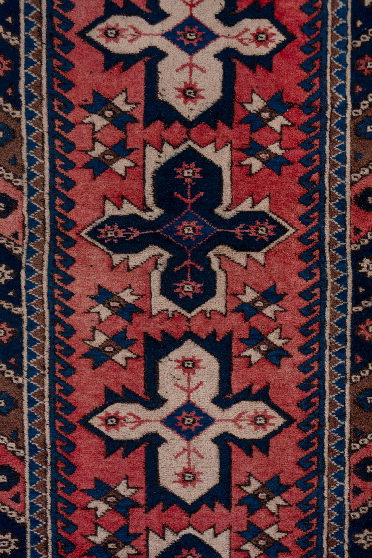 2' x 9' one-of-a-kind handmade vintage Oushak runner rug. Color palette: rose, navy, ivory, rust, brown, slate, pink, red