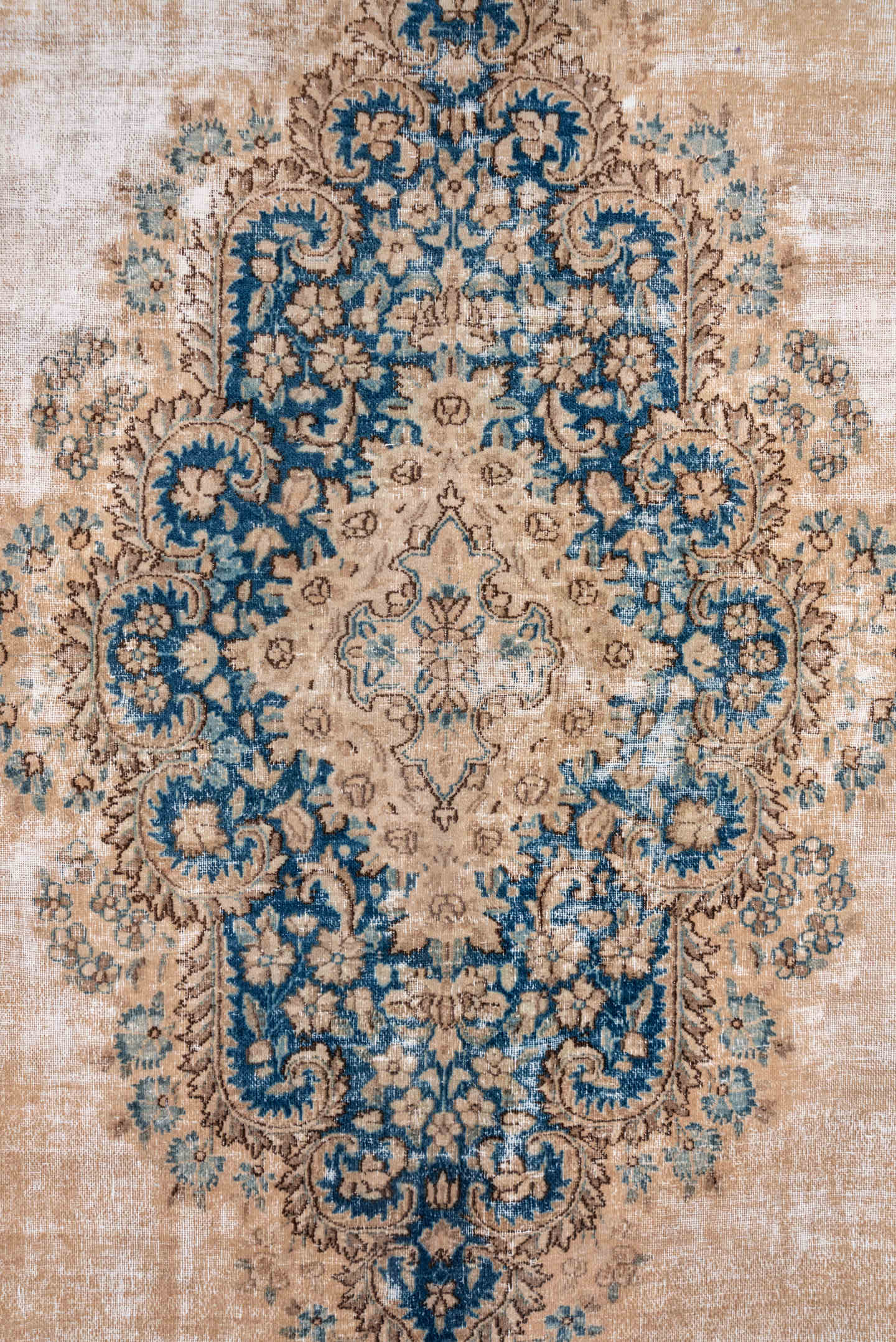 9' x 15' one-of-a-kind handmade vintage Kerman rug. Color palette: ivory, beige, cobalt, camel, taupe, light blue, sand