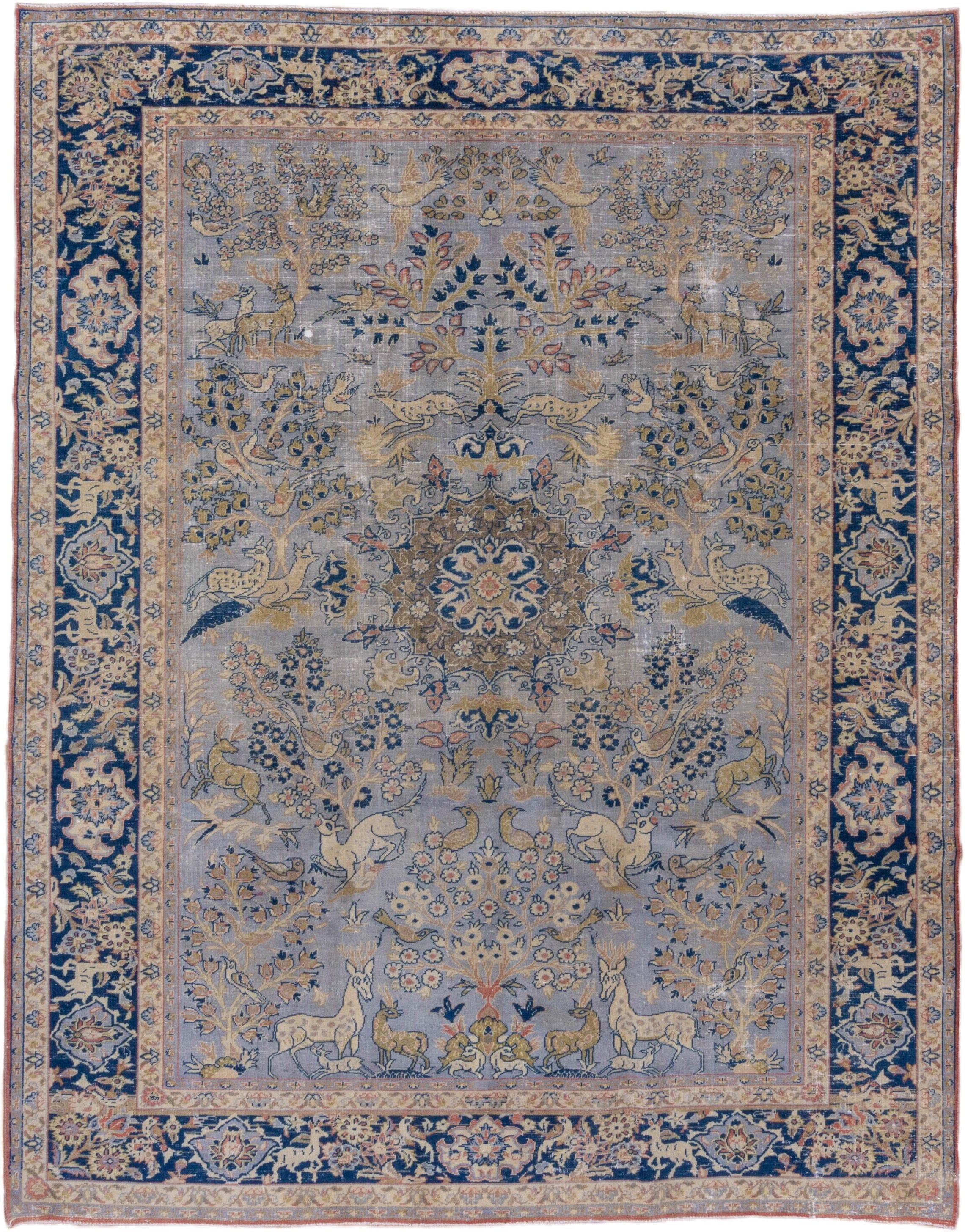 7' x 10' one-of-a-kind handmade vintage Tabriz large size rug. Color palette: light blue, navy, ivory, beige, taupe, gold