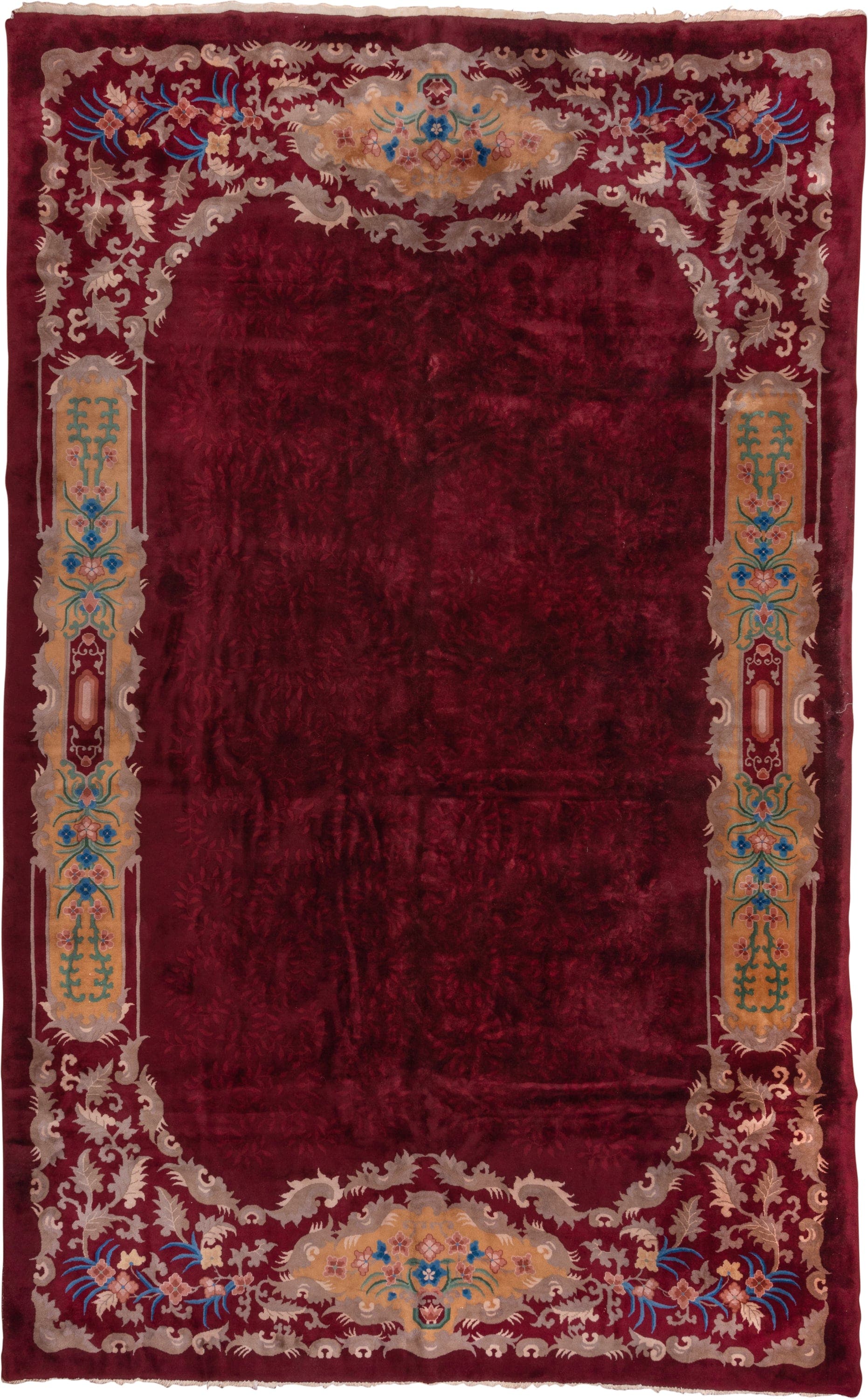 10' x 17' one-of-a-kind handmade antique Chinese rug. Color palette: burgundy, gold, ivory, blue, rose, taupe, pink, red