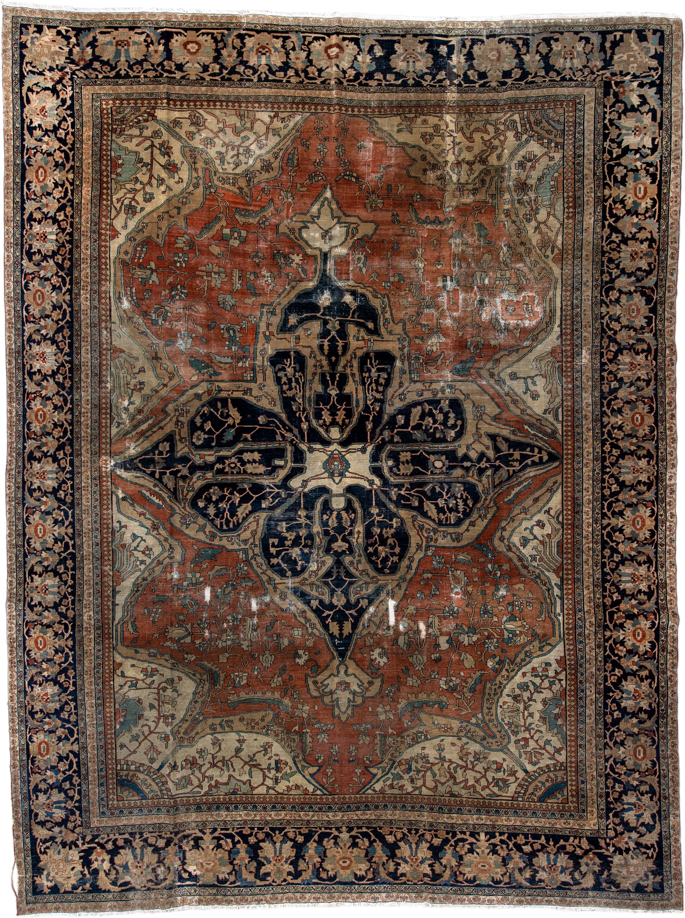 9' x 13' one-of-a-kind handmade vintage Far.Sarouk large size rug. Color palette: terra cotta, navy, ivory, beige, sage