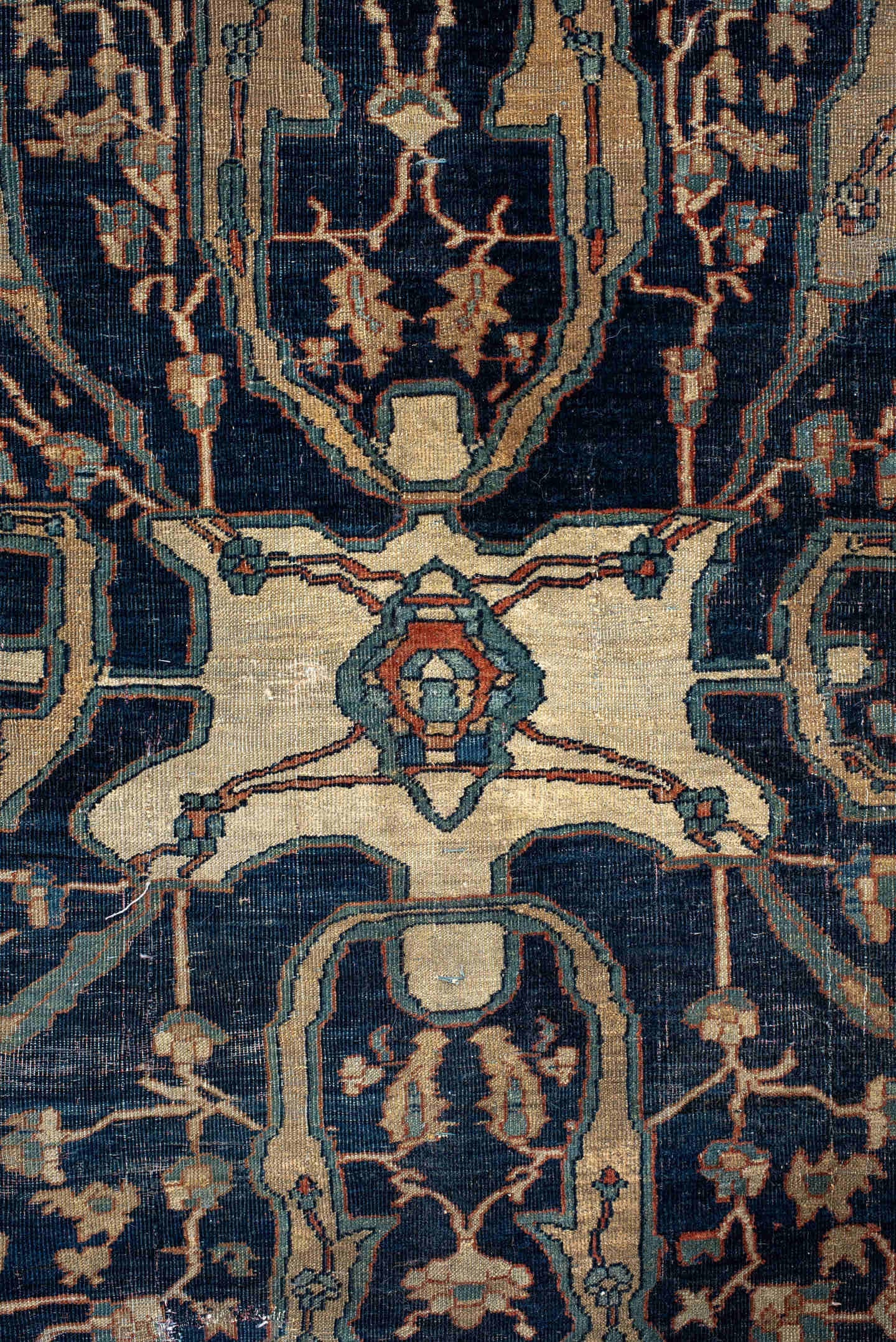 9' x 13' one-of-a-kind handmade vintage Far.Sarouk large size rug. Color palette: terra cotta, navy, ivory, beige, sage