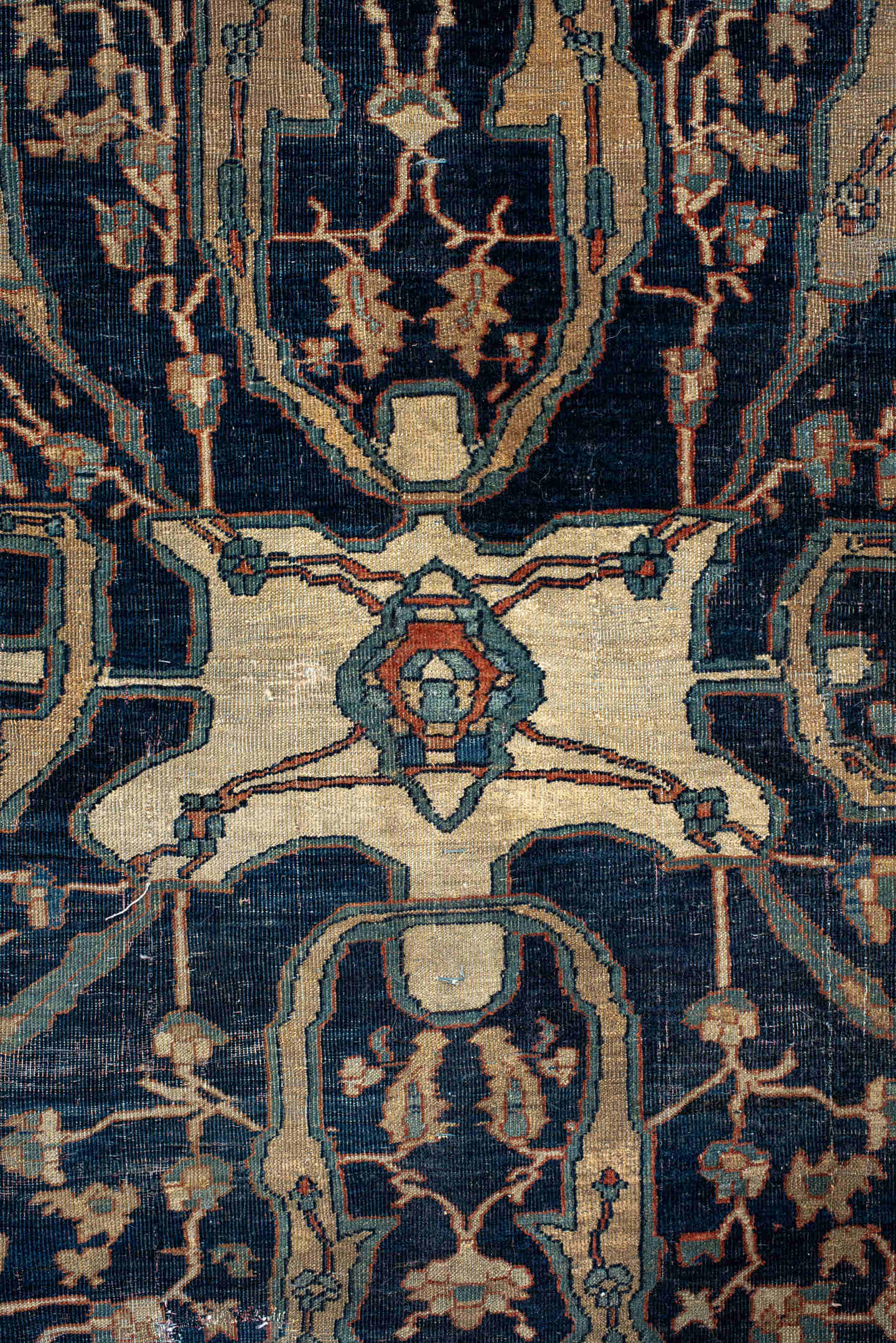 9' x 13' one-of-a-kind handmade vintage Far.Sarouk large size rug. Color palette: terra cotta, navy, ivory, beige, sage