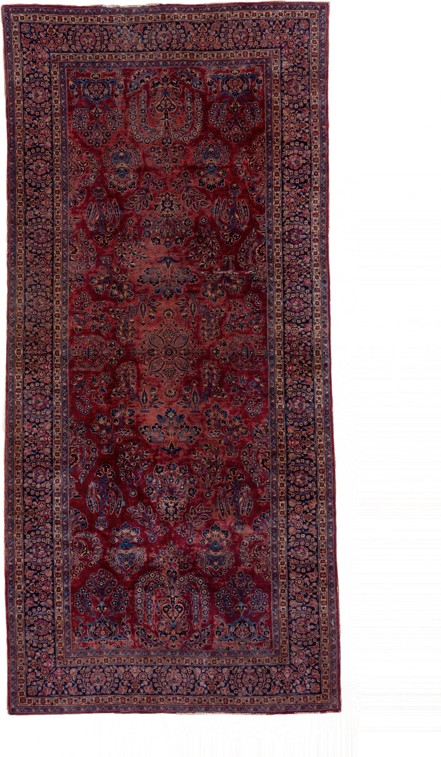 7' x 15' one-of-a-kind handmade vintage Kazvin rug. Color palette: red, navy, rose, ivory, burgundy, slate, camel, blue