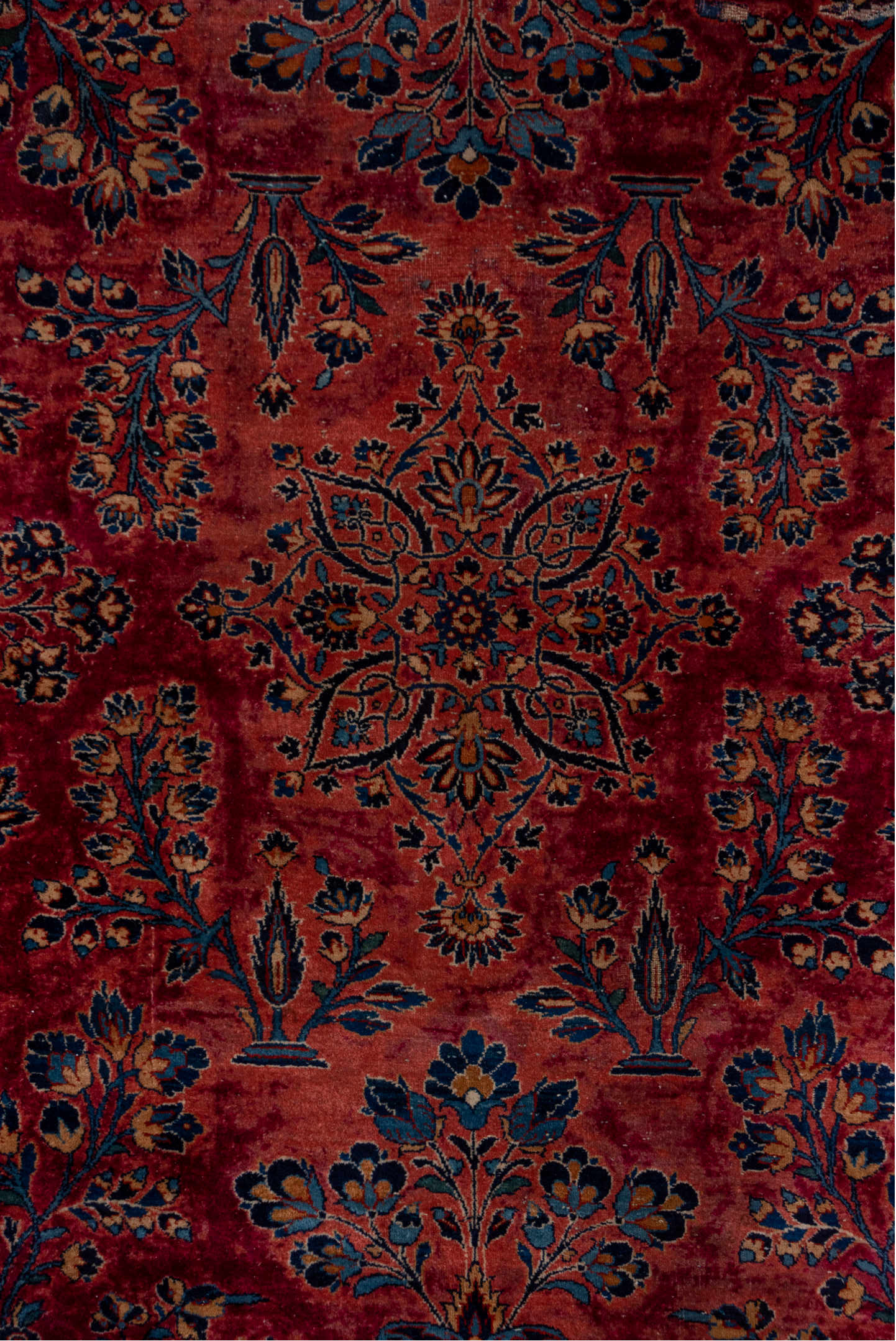 7' x 15' one-of-a-kind handmade vintage Kazvin rug. Color palette: red, navy, rose, ivory, burgundy, slate, camel, blue