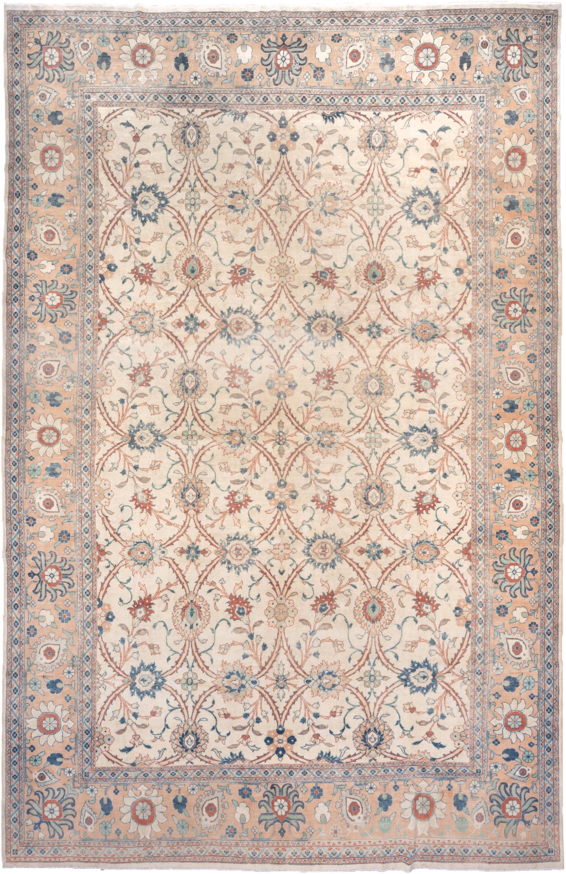 12' x 19' one-of-a-kind handmade vintage oversize rug. Color palette: ivory, peach, sky blue, rust, sage, taupe, terracotta