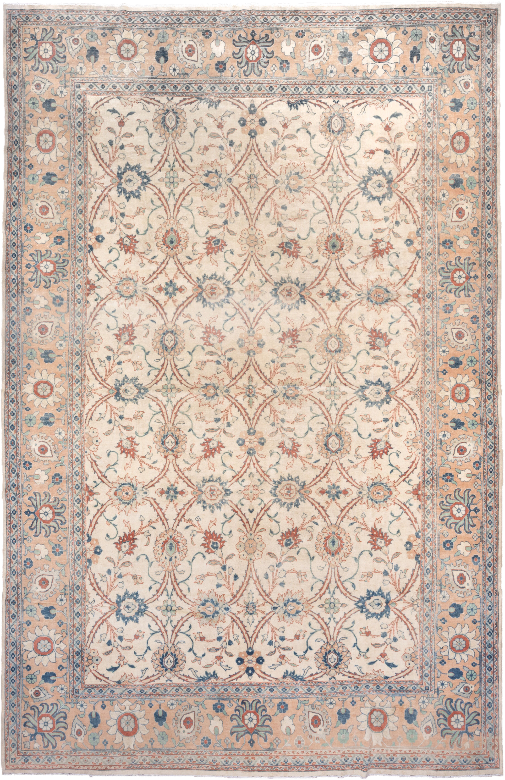 12' x 19' one-of-a-kind handmade vintage oversize rug. Color palette: ivory, peach, sky blue, rust, sage, taupe, terracotta