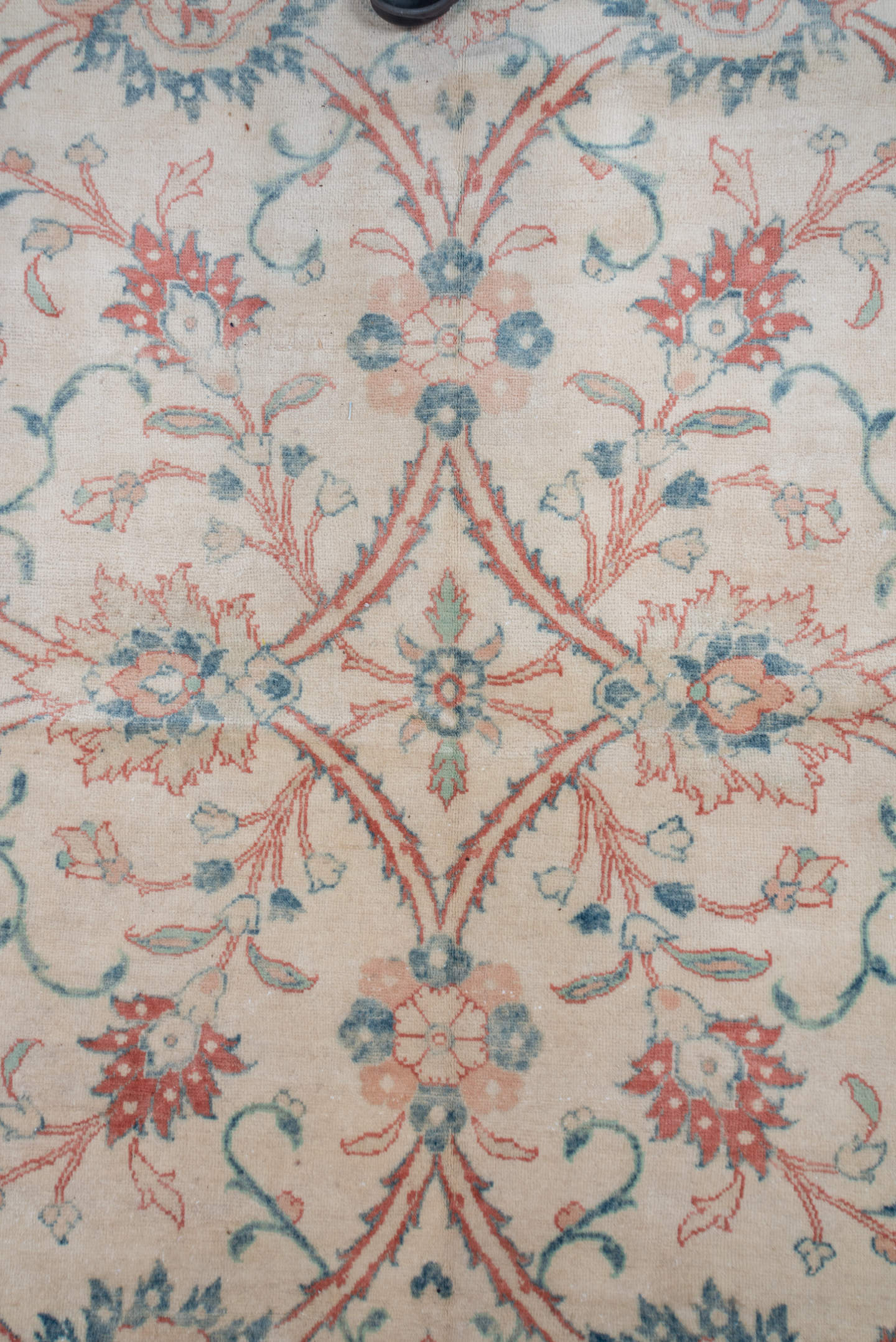 12' x 19' one-of-a-kind handmade vintage oversize rug. Color palette: ivory, peach, sky blue, rust, sage, taupe, terracotta