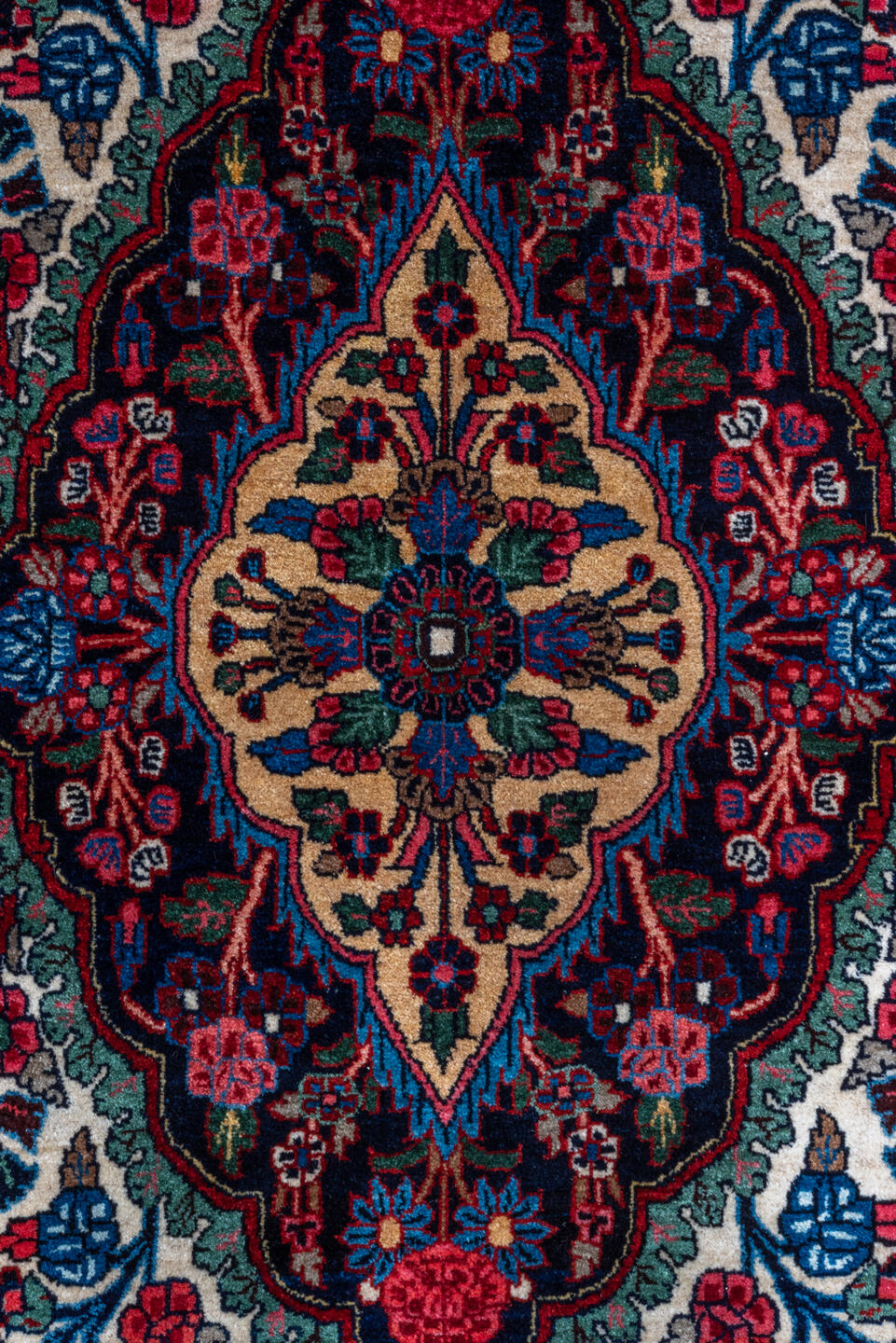 9' x 12' one-of-a-kind handmade vintage Bidjar large size rug. Color palette: ivory, navy, crimson, sky blue, rose, taupe