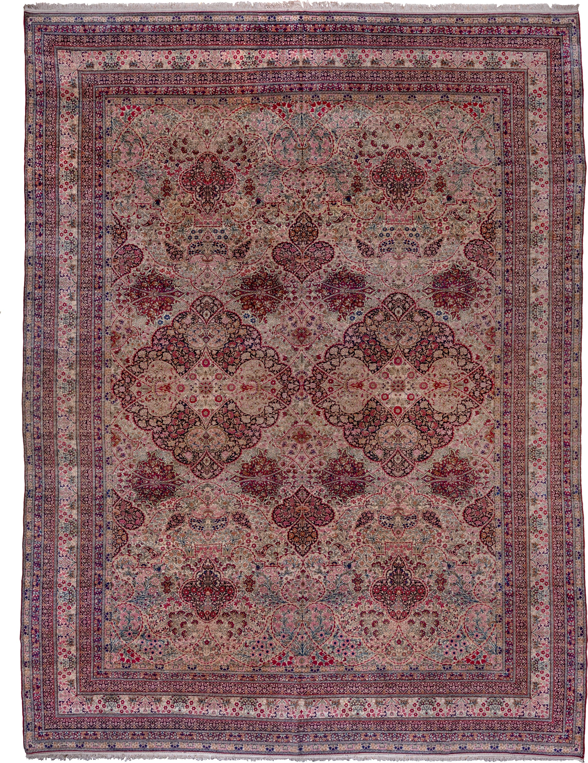 16' x 21' one-of-a-kind handmade vintage Lavar oversize rug. Color palette: ivory, rose, burgundy, navy, dusty blue, taupe