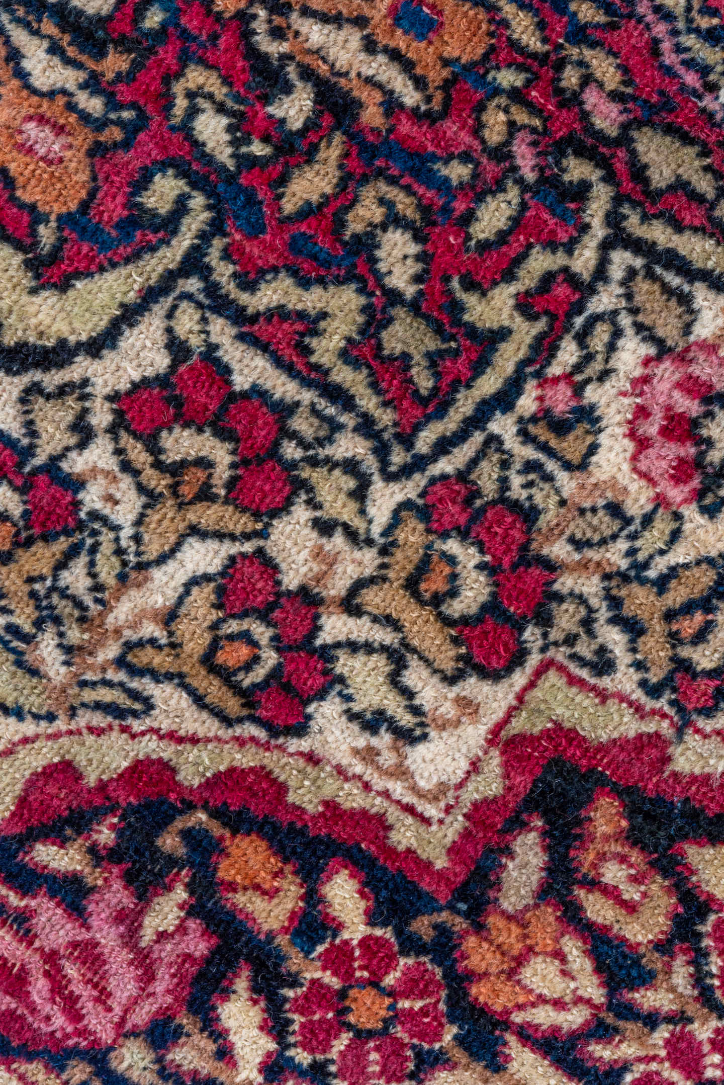 16' x 21' one-of-a-kind handmade vintage Lavar oversize rug. Color palette: ivory, rose, burgundy, navy, dusty blue, taupe