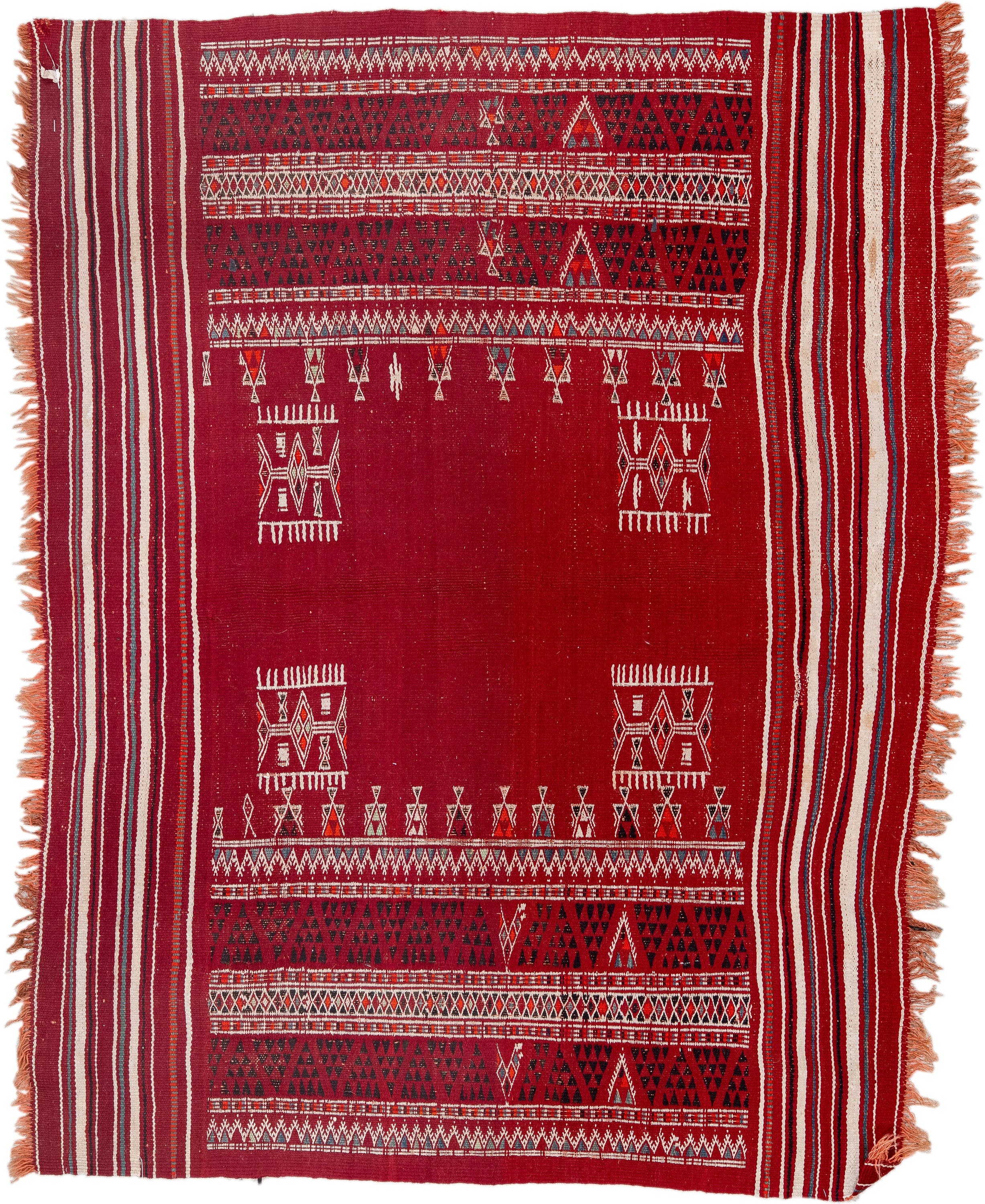 3' x 3' one-of-a-kind handmade vintage Kilim small size rug. Color palette: red, ivory, black, burgundy, rust, navy