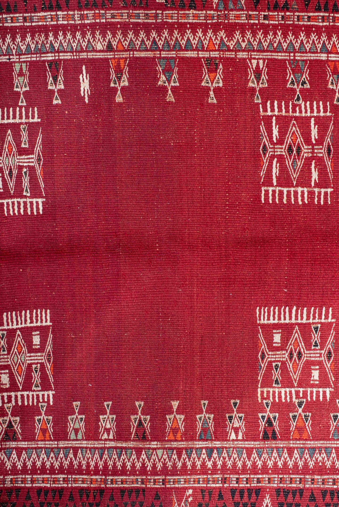 3' x 3' one-of-a-kind handmade vintage Kilim small size rug. Color palette: red, ivory, black, burgundy, rust, navy
