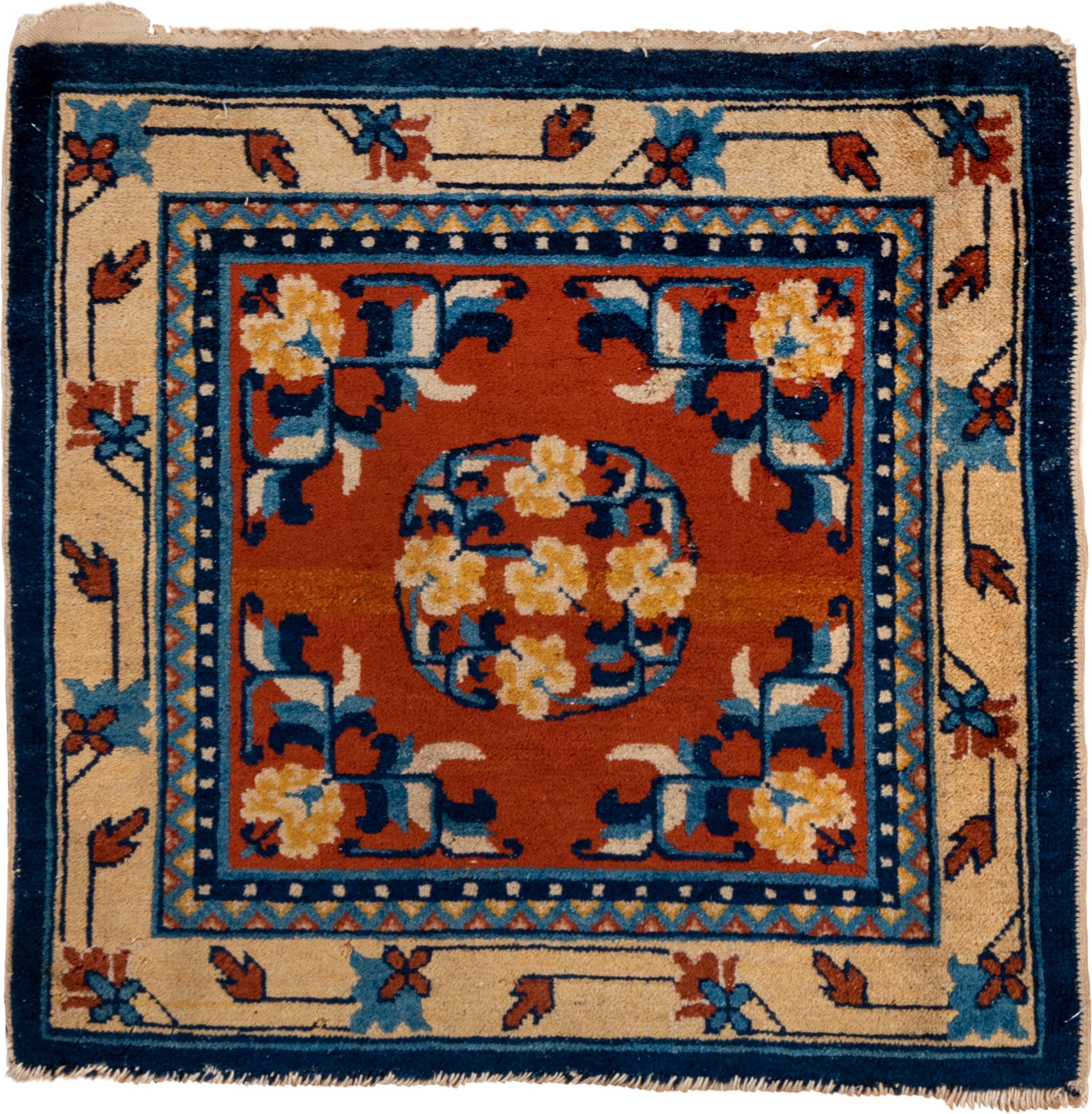 2' x 2' one-of-a-kind handmade vintage Chinese small size rug. Color palette: rust, navy, ivory, sky_blue, gold, camel