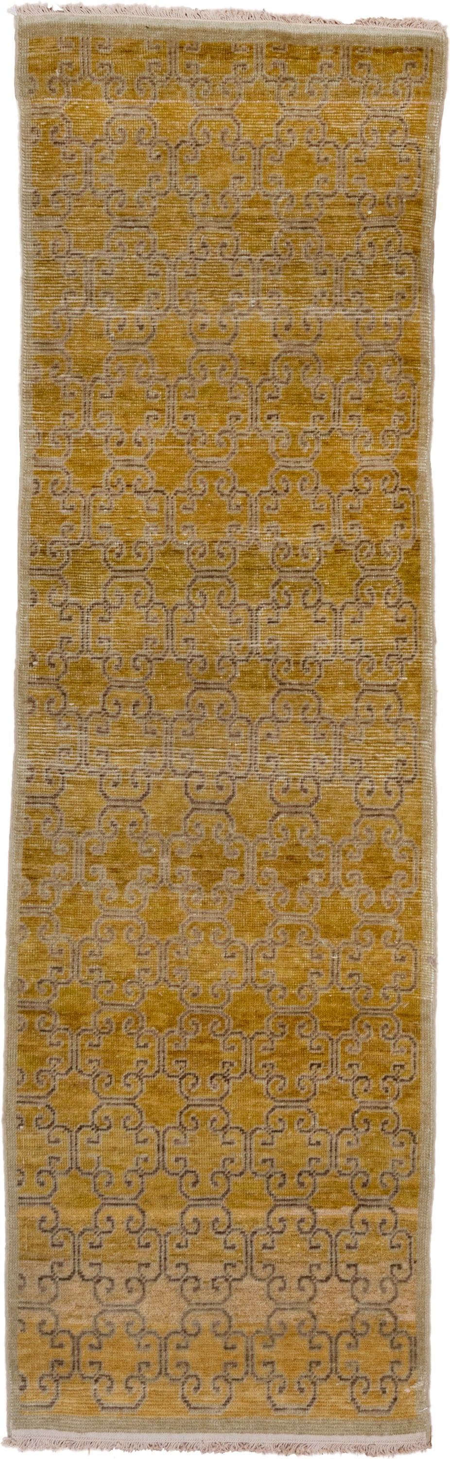 2' x 8' one-of-a-kind handmade antique Khotan runner rug. Color palette: gold, camel, taupe, ivory, beige, gray