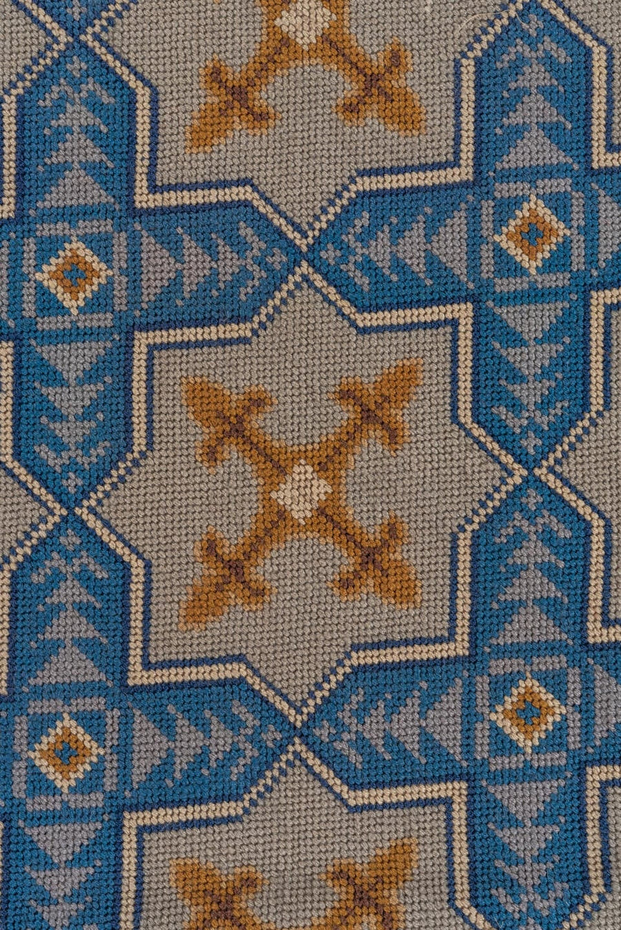 2' x 3' one-of-a-kind handmade vintage Needlepoint small size rug. Color palette: ivory, sky blue, camel, tan, light blue