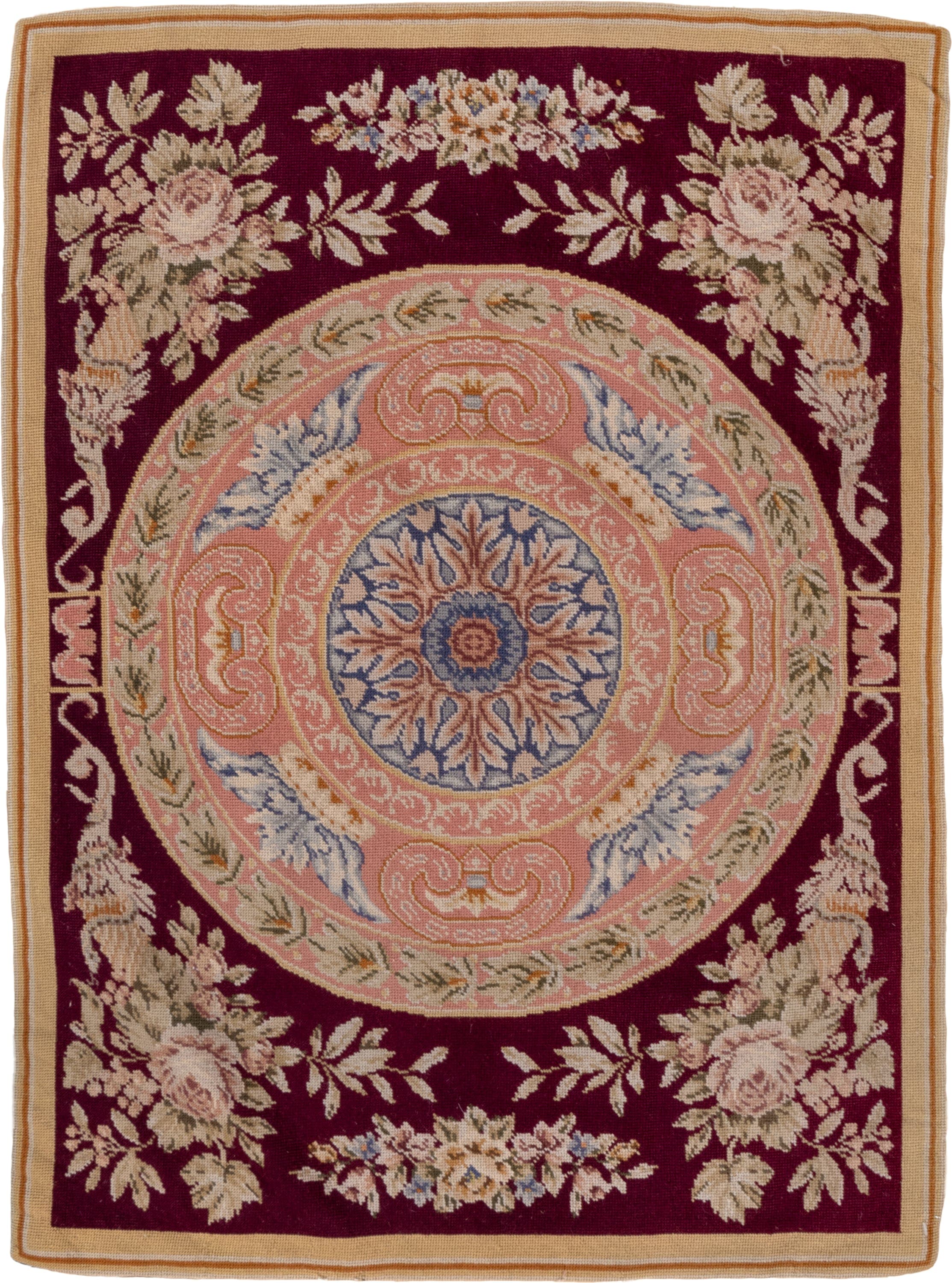 2' x 3' one-of-a-kind handmade antique Needlepoint small size rug. Color palette: burgundy, blush, ivory, beige, sage
