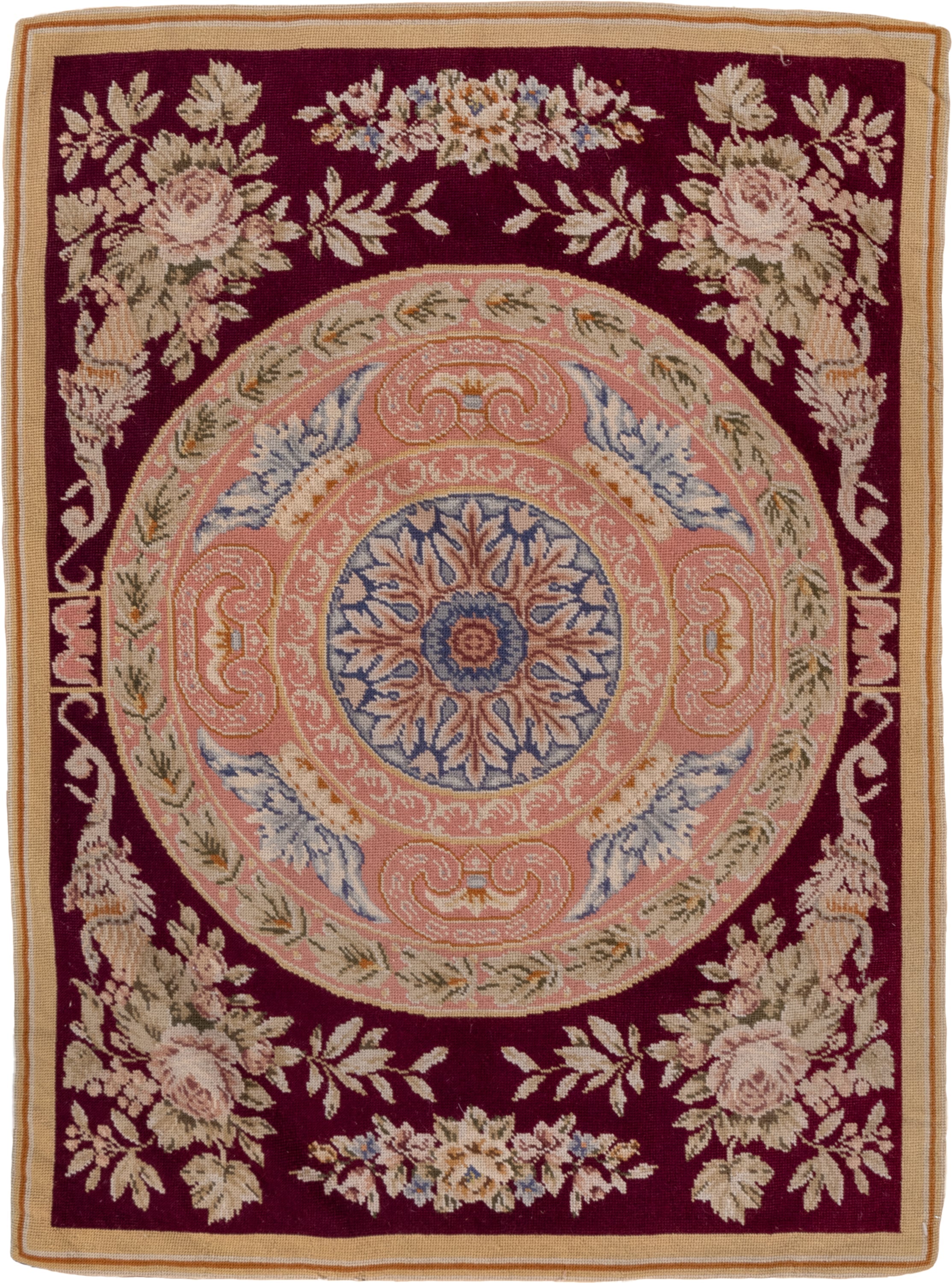 2' x 3' one-of-a-kind handmade antique Needlepoint small size rug. Color palette: burgundy, blush, ivory, beige, sage