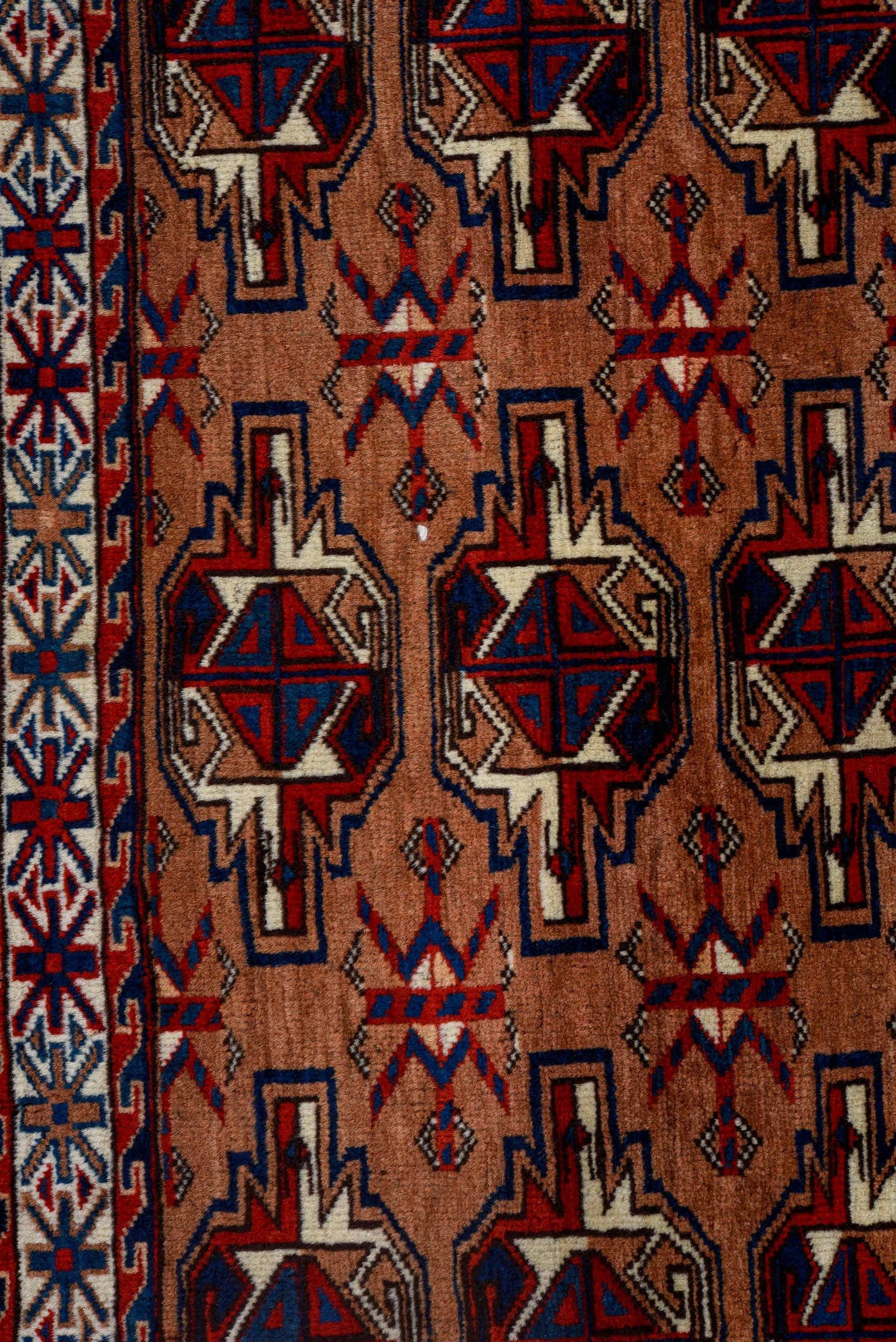 2' x 3' one-of-a-kind handmade antique Yamoud small size rug. Color palette: camel, rust, navy, ivory, crimson, brown