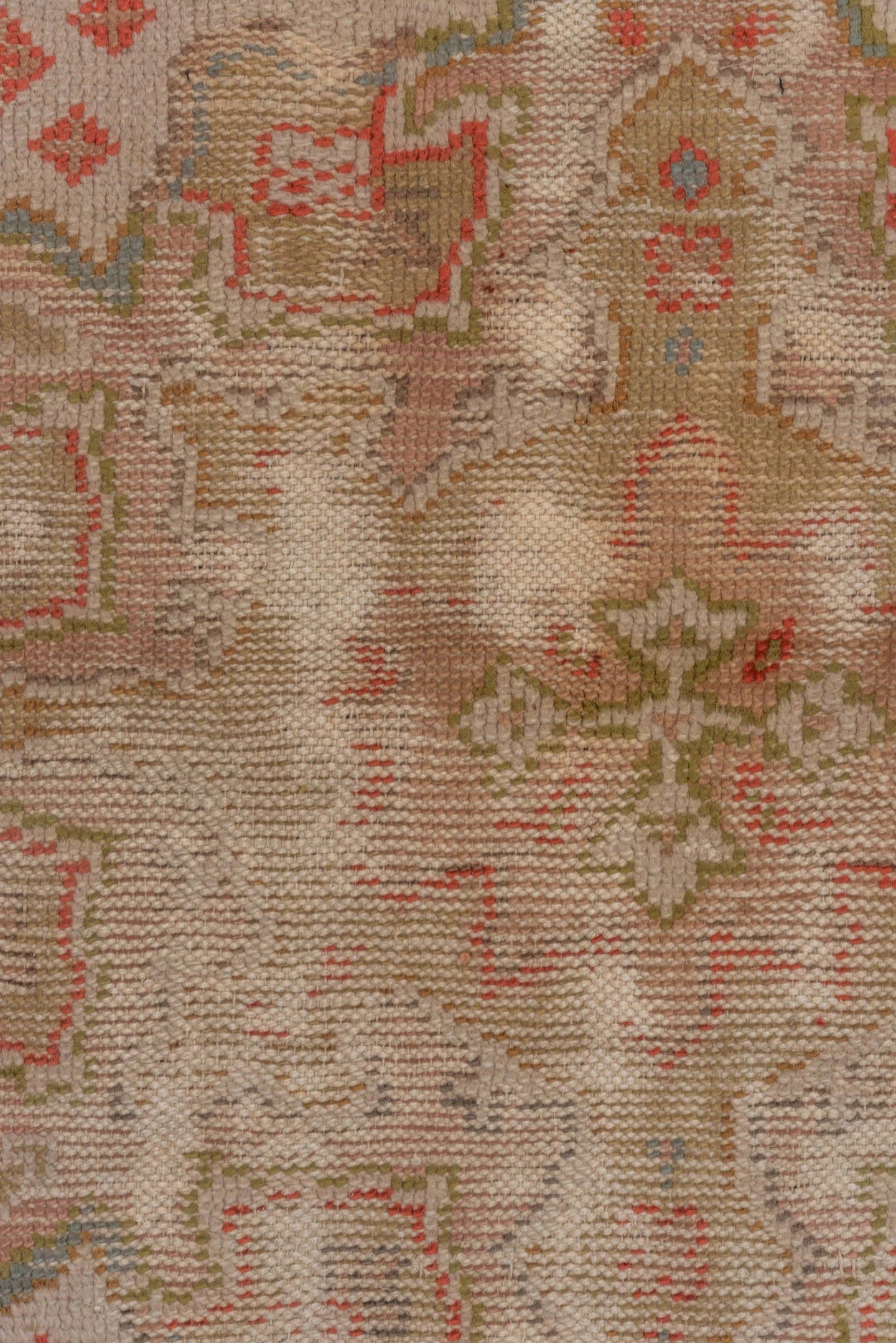 7' x 9' one-of-a-kind handmade antique Oushak rug. Color palette: ivory, powder_blue, coral, taupe, muted_gold, sage