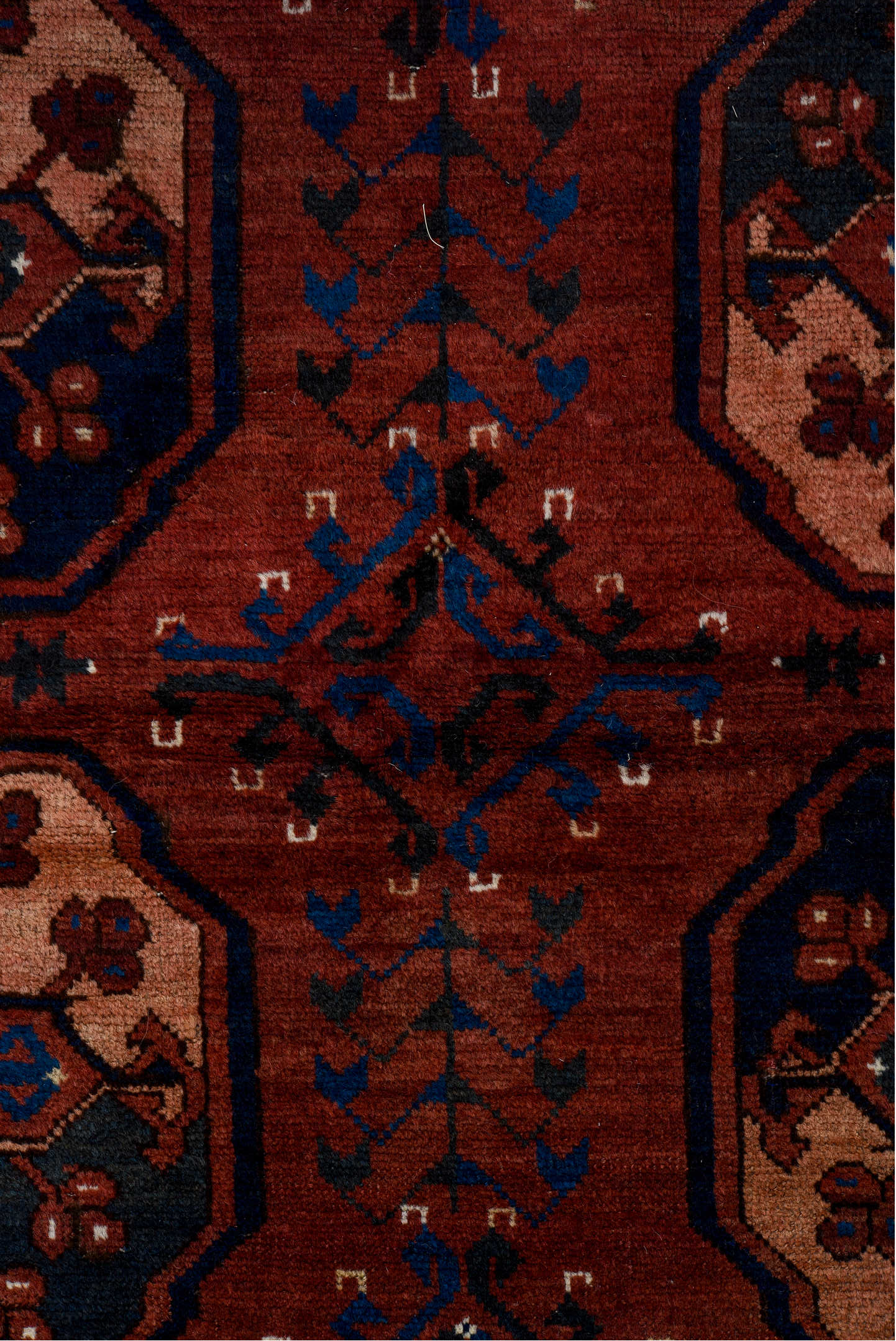 6' x 7' one-of-a-kind handmade vintage Afghan rug. Color palette: black, brown, gray, light gray, off-white, pink, red