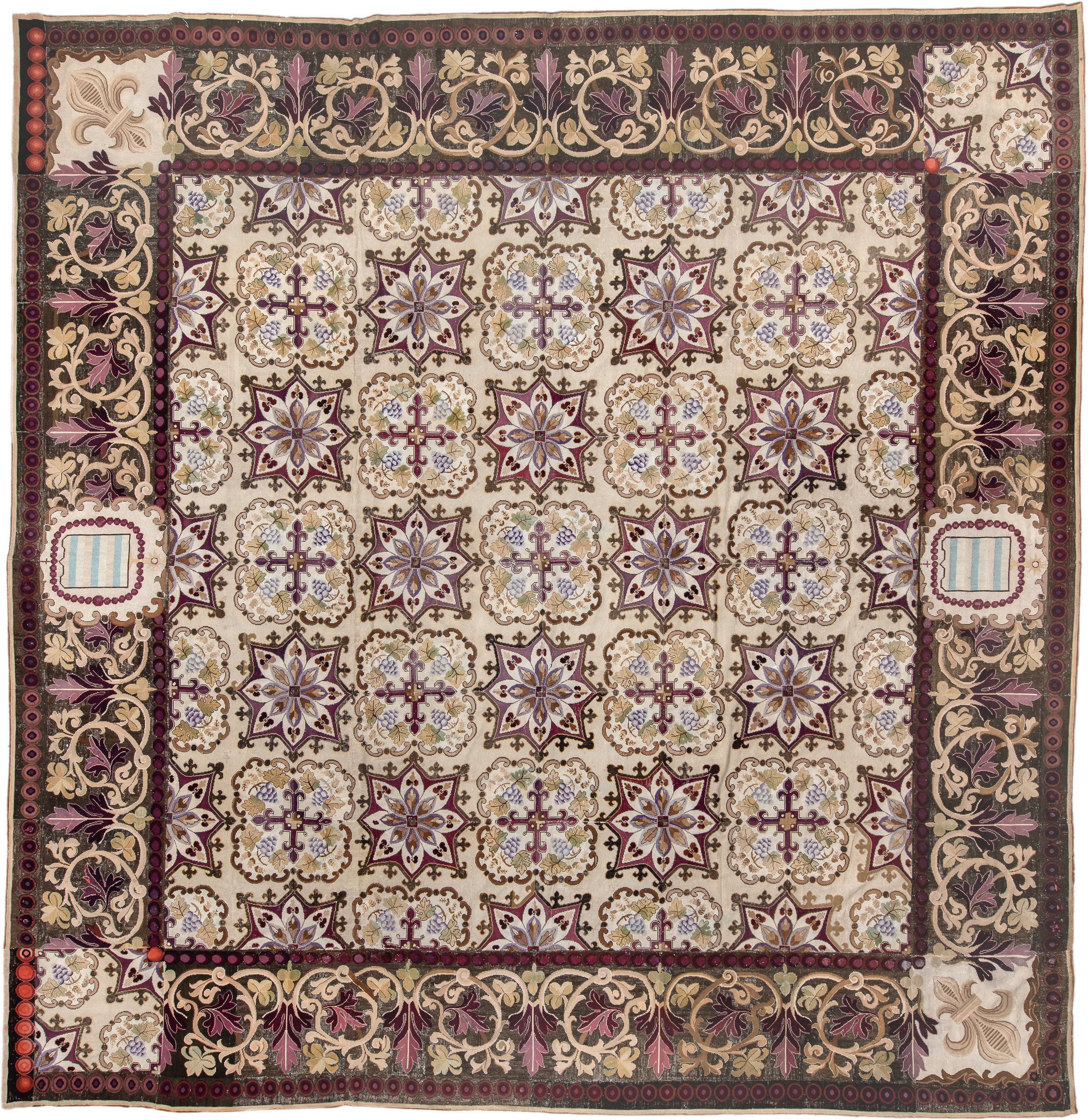 14' x 15' one-of-a-kind handmade antique Needlepoint oversize rug. Color palette: ivory, brown, burgundy, rose, taupe, sage