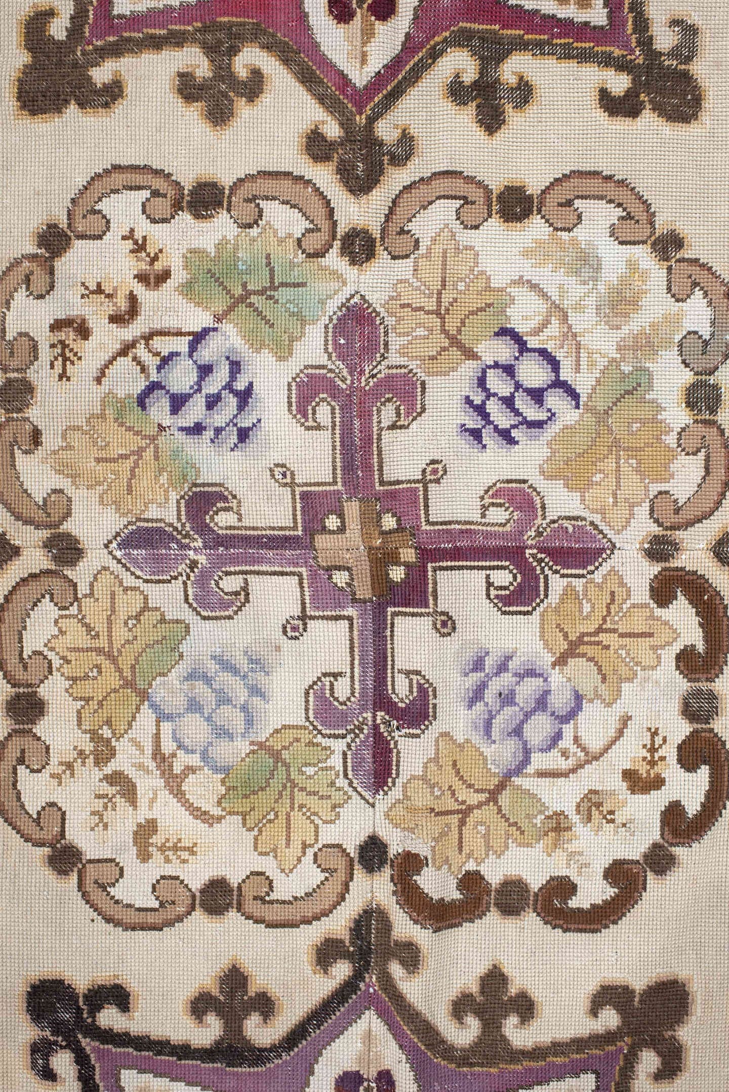 14' x 15' one-of-a-kind handmade antique Needlepoint oversize rug. Color palette: ivory, brown, burgundy, rose, taupe, sage