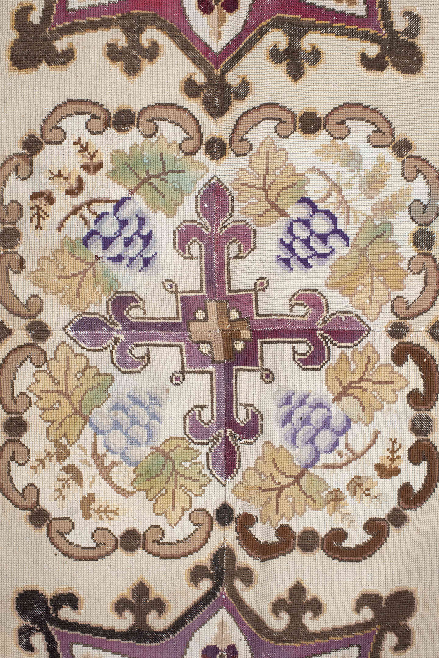 14' x 15' one-of-a-kind handmade antique Needlepoint oversize rug. Color palette: ivory, brown, burgundy, rose, taupe, sage