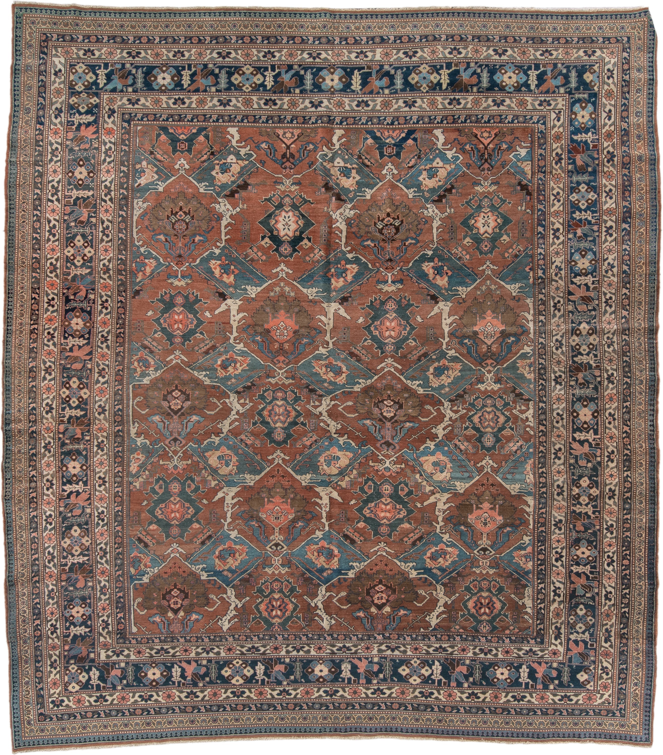 9' x 10' one-of-a-kind handmade antique Bakhshayesh large size rug. Color palette: terra cotta, navy, ivory, sky blue, camel