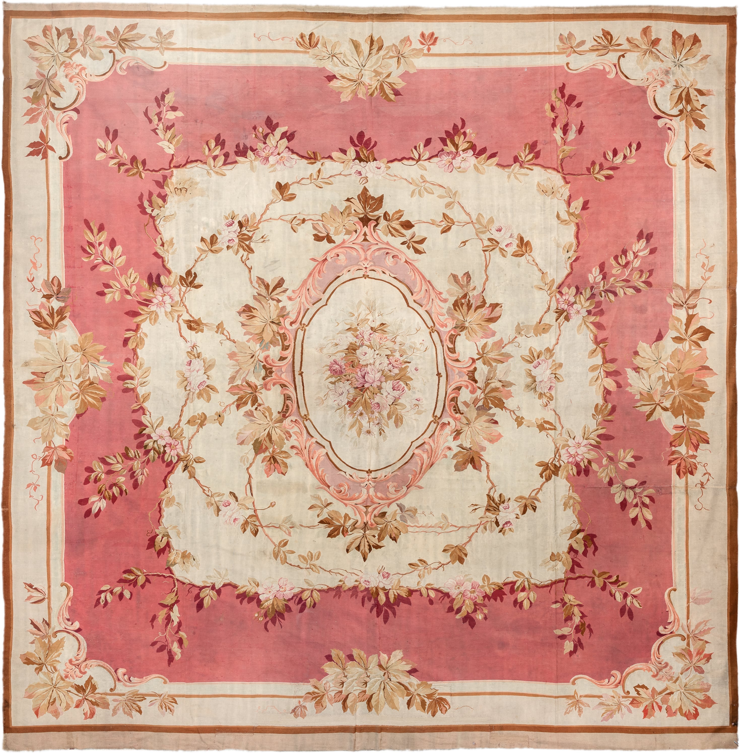 18' x 18' one-of-a-kind handmade antique Aubusson oversize rug. Color palette: rose, ivory, taupe, camel, blush, burgundy