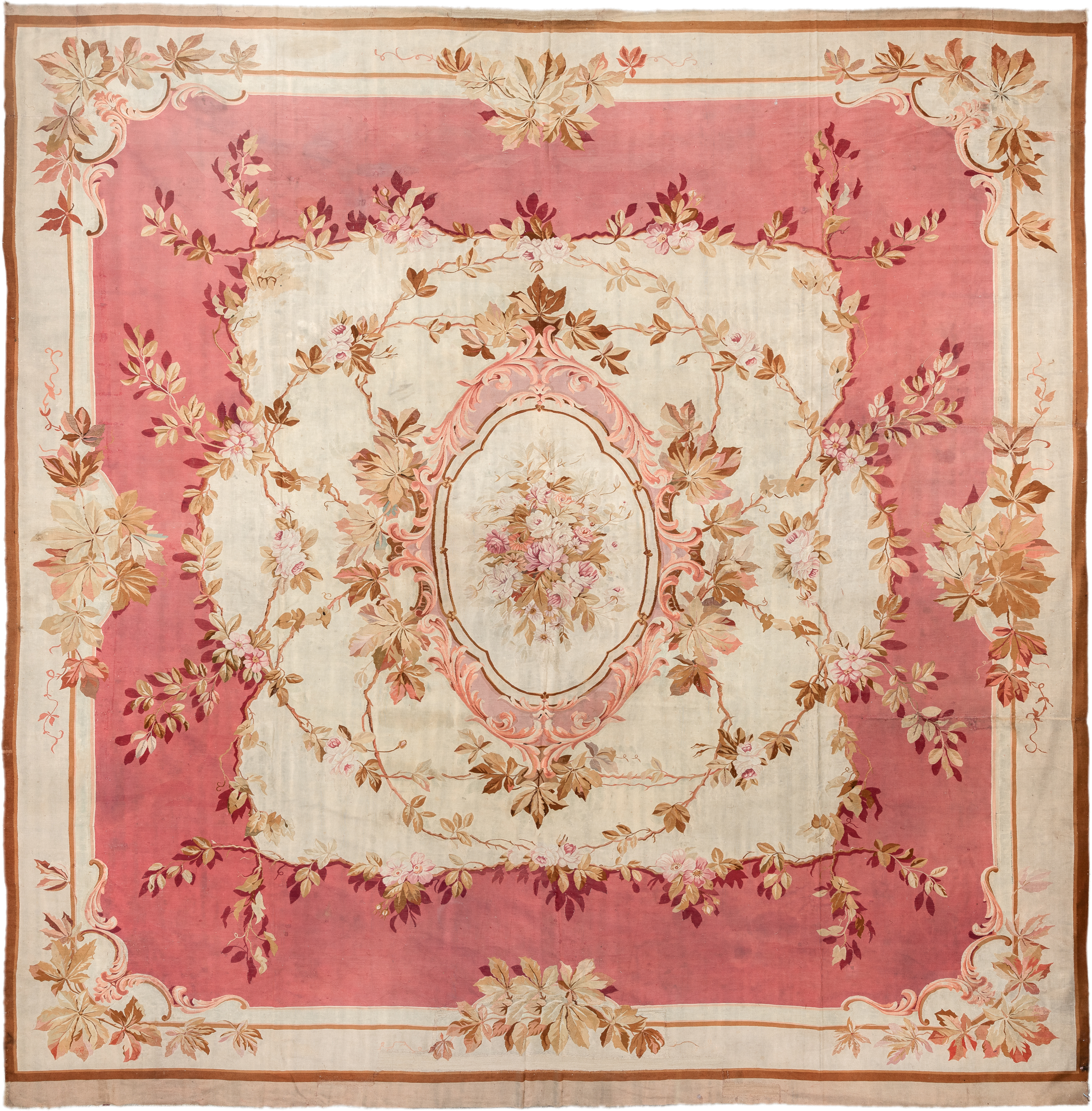18' x 18' one-of-a-kind handmade antique Aubusson oversize rug. Color palette: rose, ivory, taupe, camel, blush, burgundy
