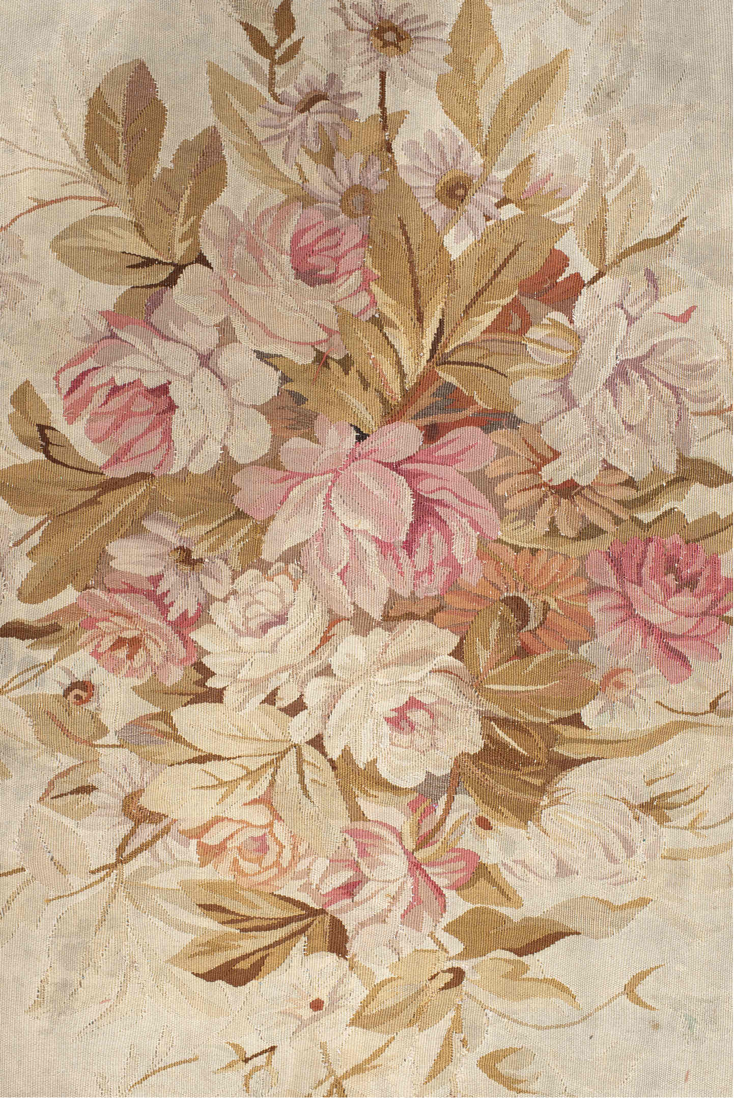 18' x 18' one-of-a-kind handmade vintage Aubusson oversize rug. Color palette: brown, gray, light gray, off-white, orange