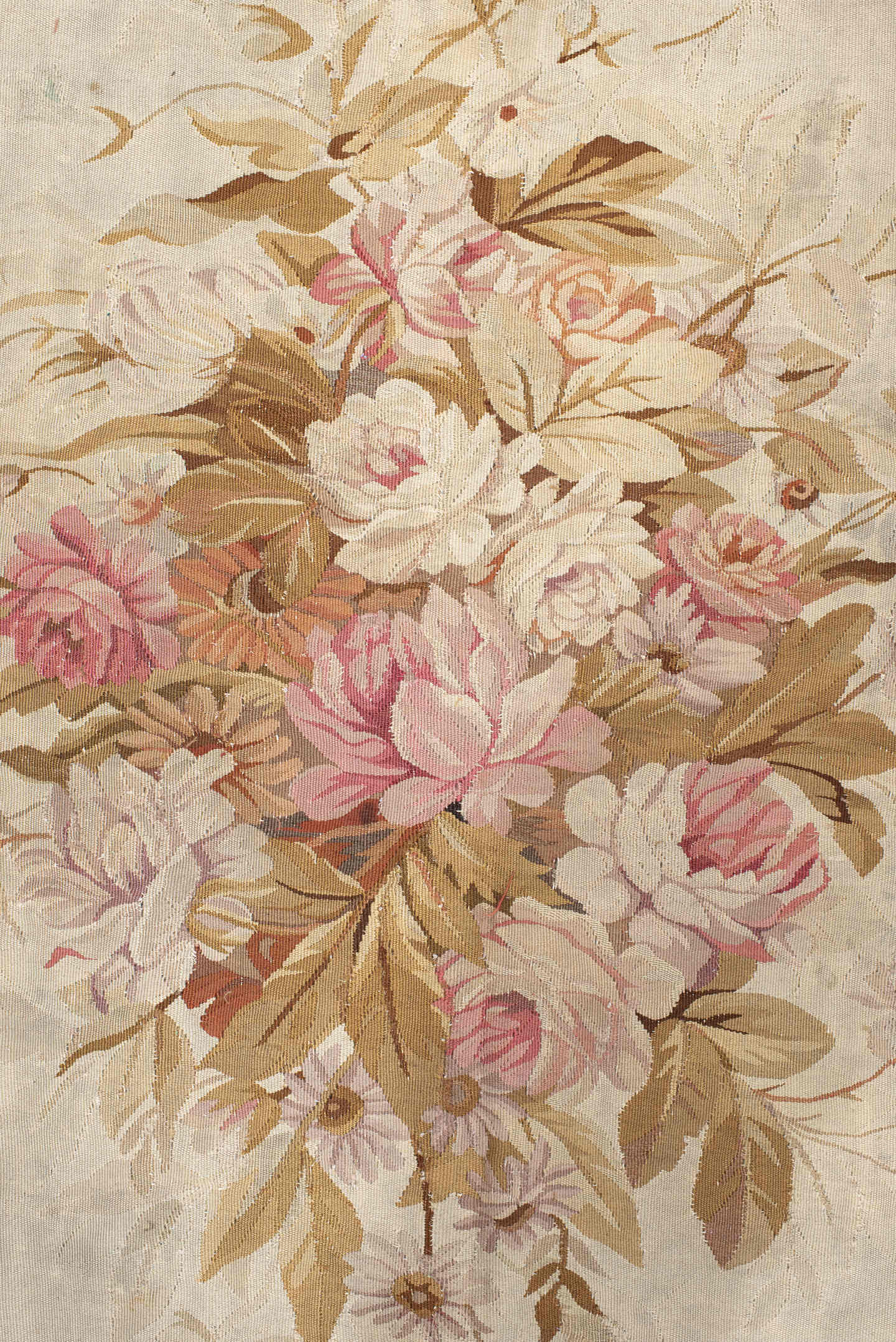 18' x 18' one-of-a-kind handmade antique Aubusson oversize rug. Color palette: rose, ivory, taupe, camel, blush, burgundy
