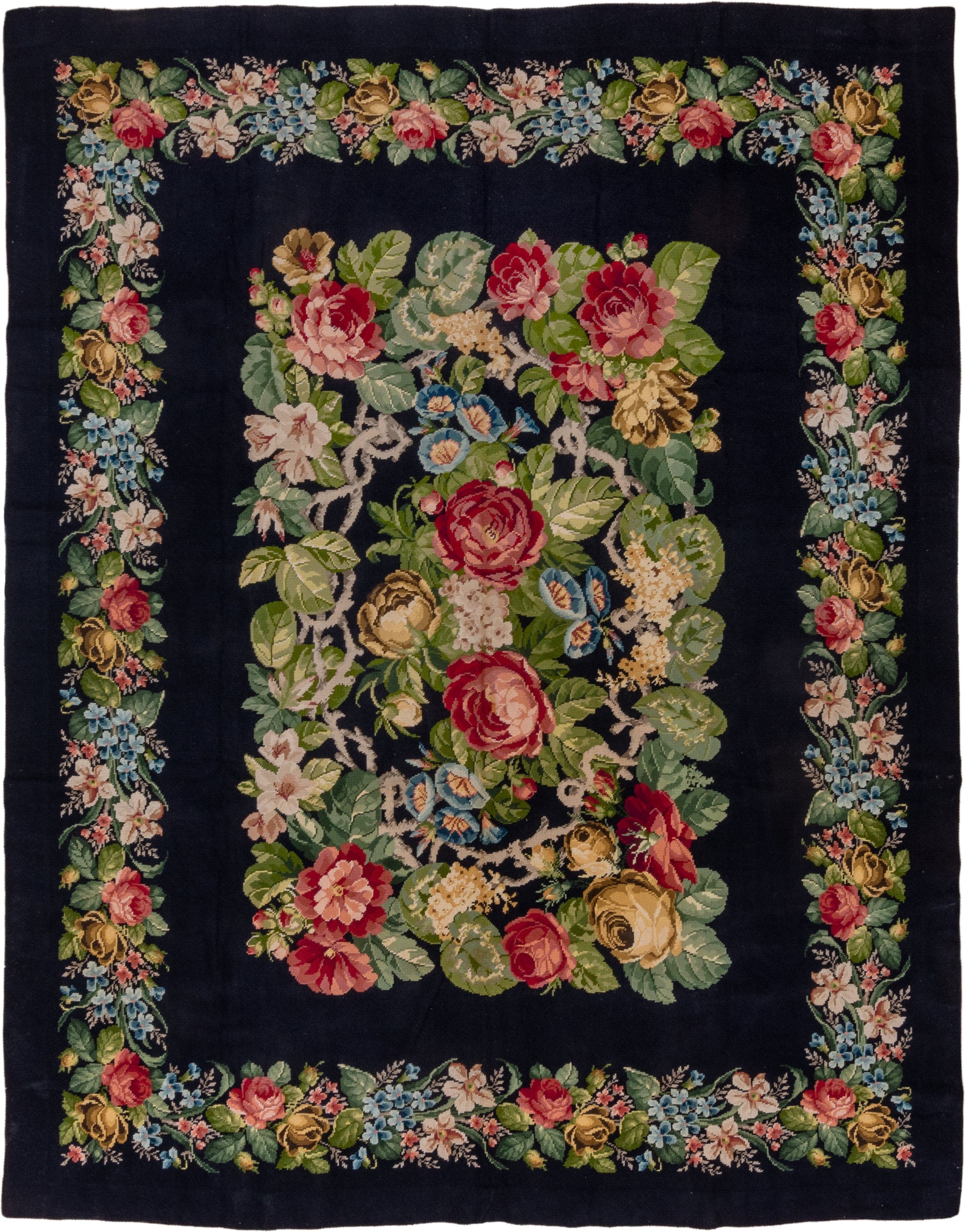 9' x 11' one-of-a-kind handmade antique Needlepoint large size rug. Color palette: navy, sage, rose, ivory, gold, sky blue