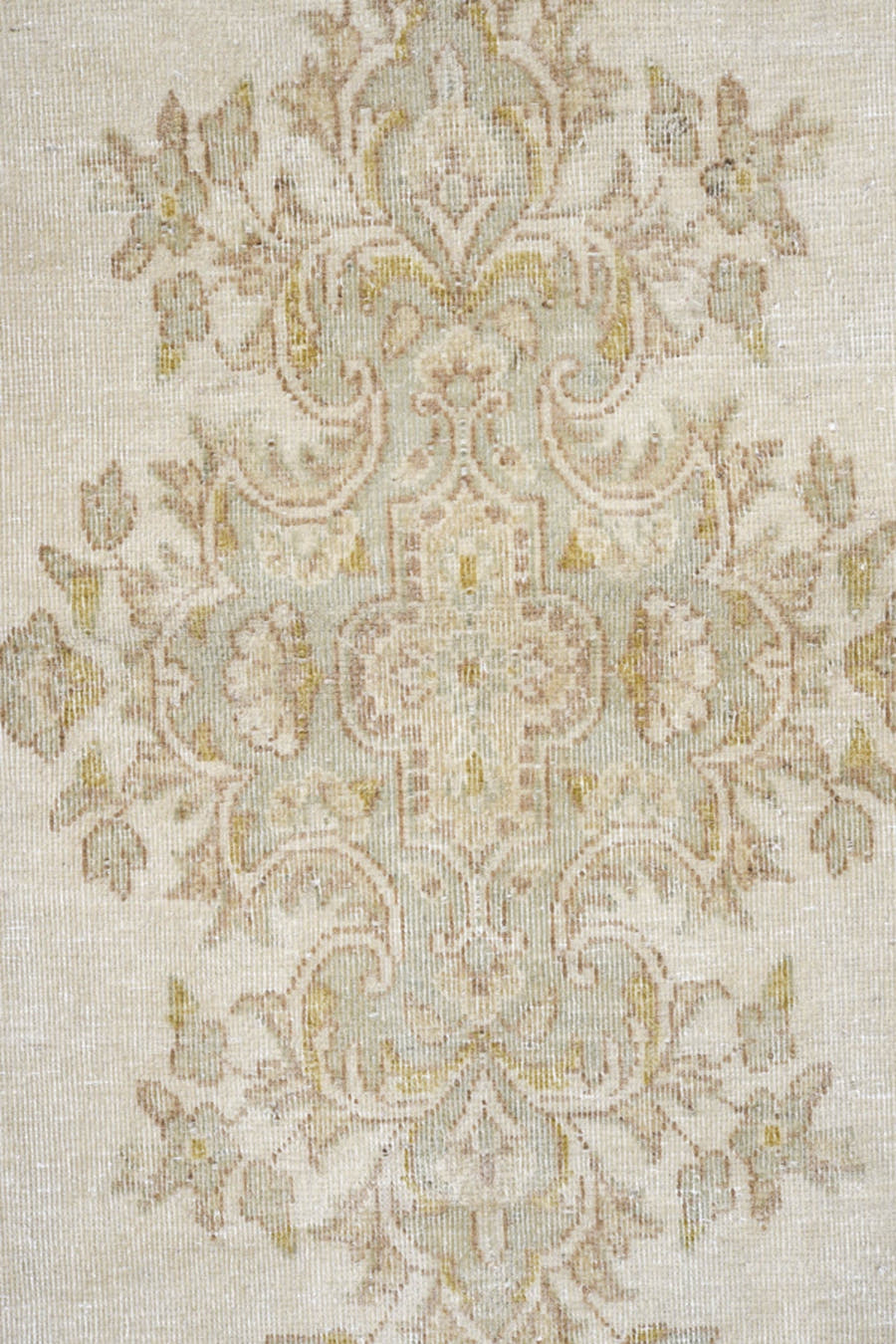 4' x 6' one-of-a-kind handmade antique Kerman small size rug. Color palette: ivory, beige, taupe, camel, gold, sand, gray