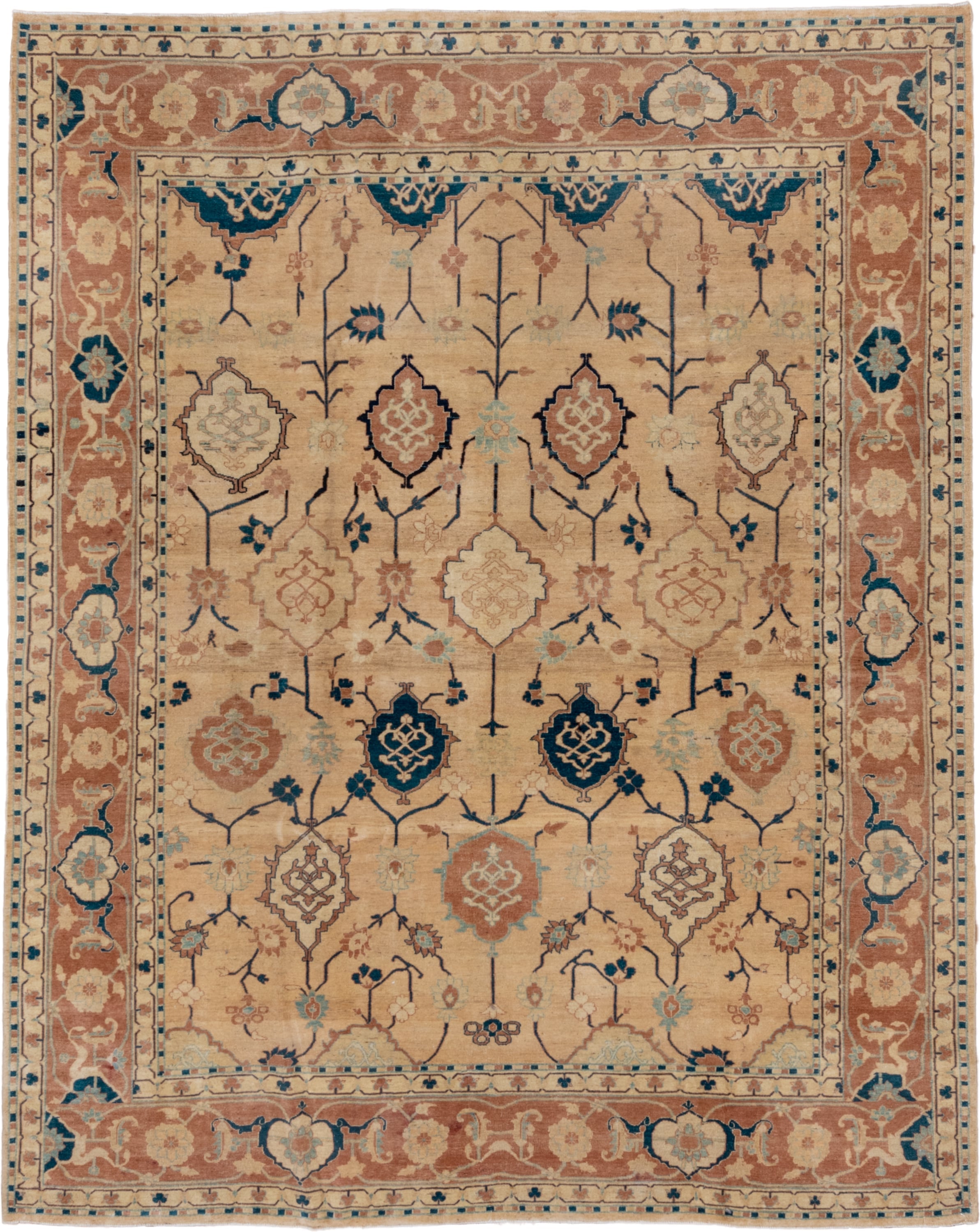 7' x 9' one-of-a-kind handmade vintage Afghan large size rug. Color palette: ivory, sand, terra cotta, navy, cream, camel