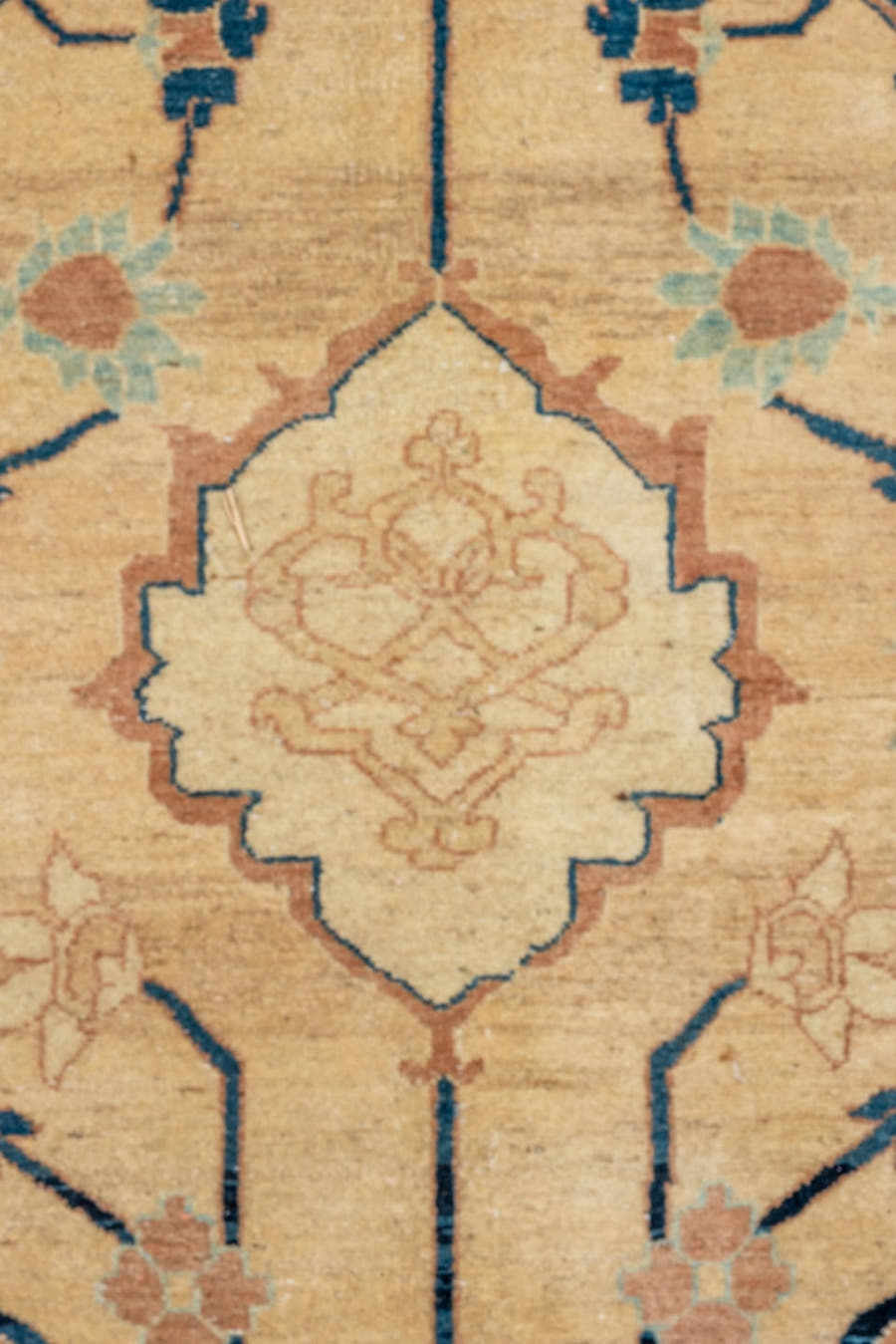 7' x 9' one-of-a-kind handmade vintage Afghan large size rug. Color palette: ivory, sand, terra cotta, navy, cream, camel