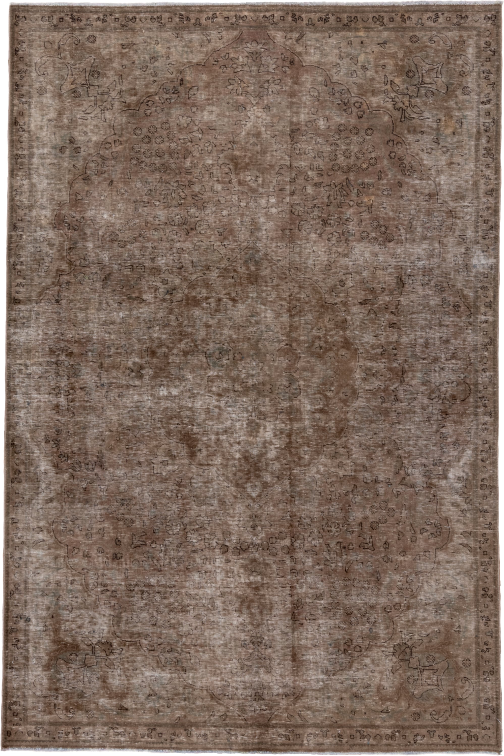 6' x 9' one-of-a-kind handmade vintage Distressed medium size rug. Color palette: taupe, brown, beige, camel, charcoal, gray