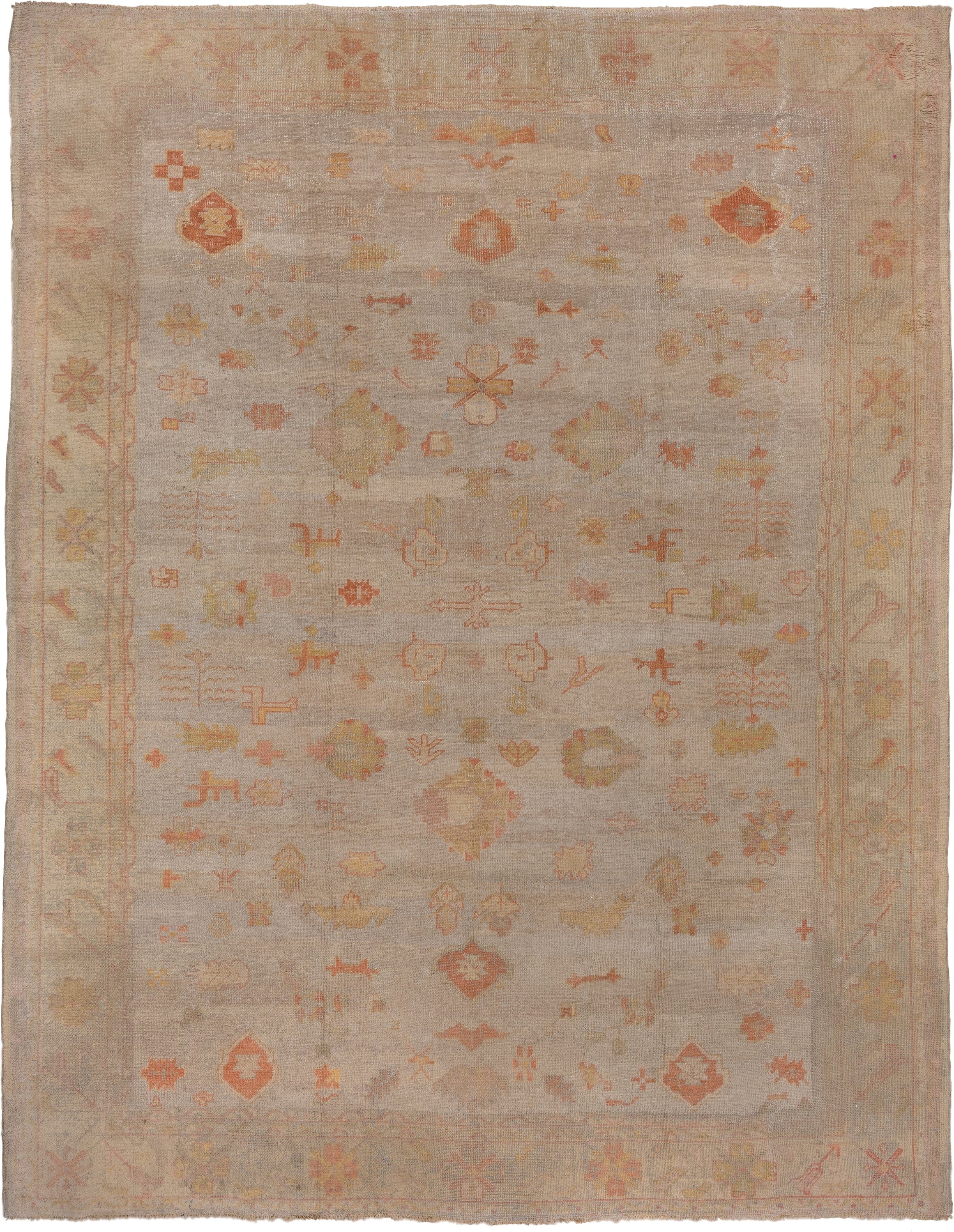 11' x 14' one-of-a-kind handmade vintage Oushak oversize rug. Color palette: beige, taupe, peach, coral, ivory, gold, sand