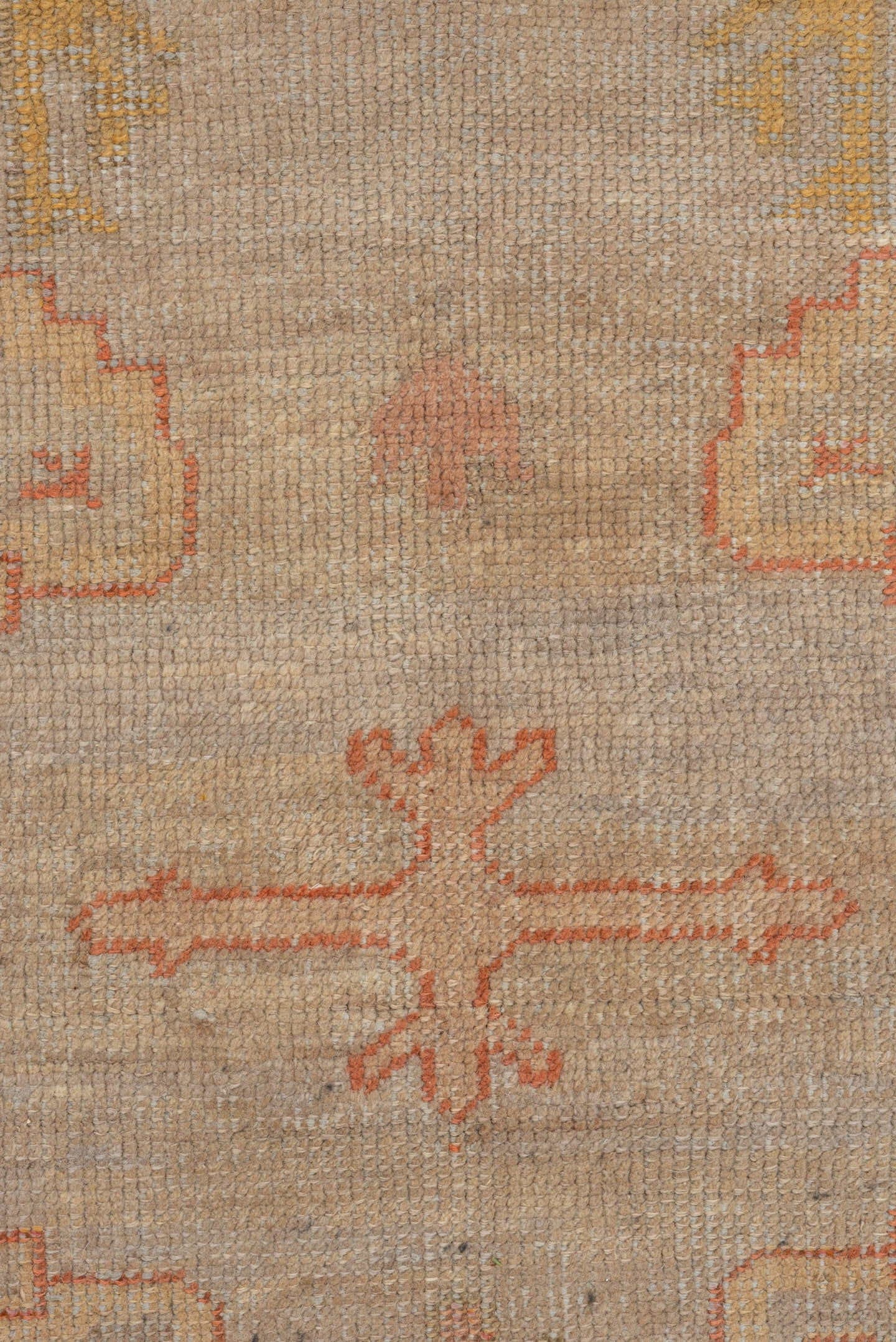 11' x 14' one-of-a-kind handmade vintage Oushak oversize rug. Color palette: beige, taupe, peach, coral, ivory, gold, sand