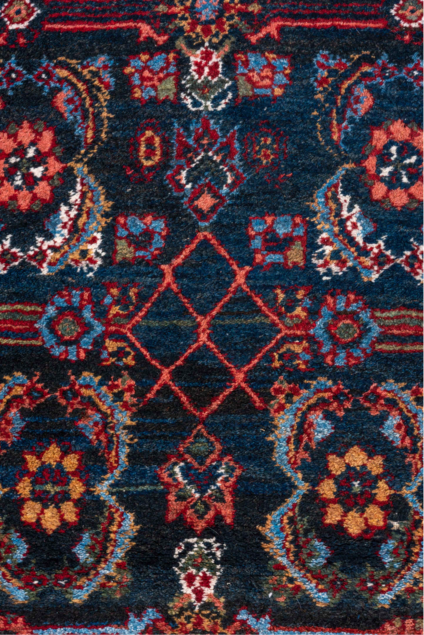 4' x 15' one-of-a-kind handmade vintage Hamadan runner rug. Color palette: navy, rust, indigo, crimson, turquoise, ivory