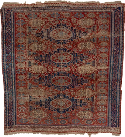 8' x 9' one-of-a-kind handmade antique Sumak rug. Color palette: rust, navy, ivory, sky blue, camel, crimson, terracotta